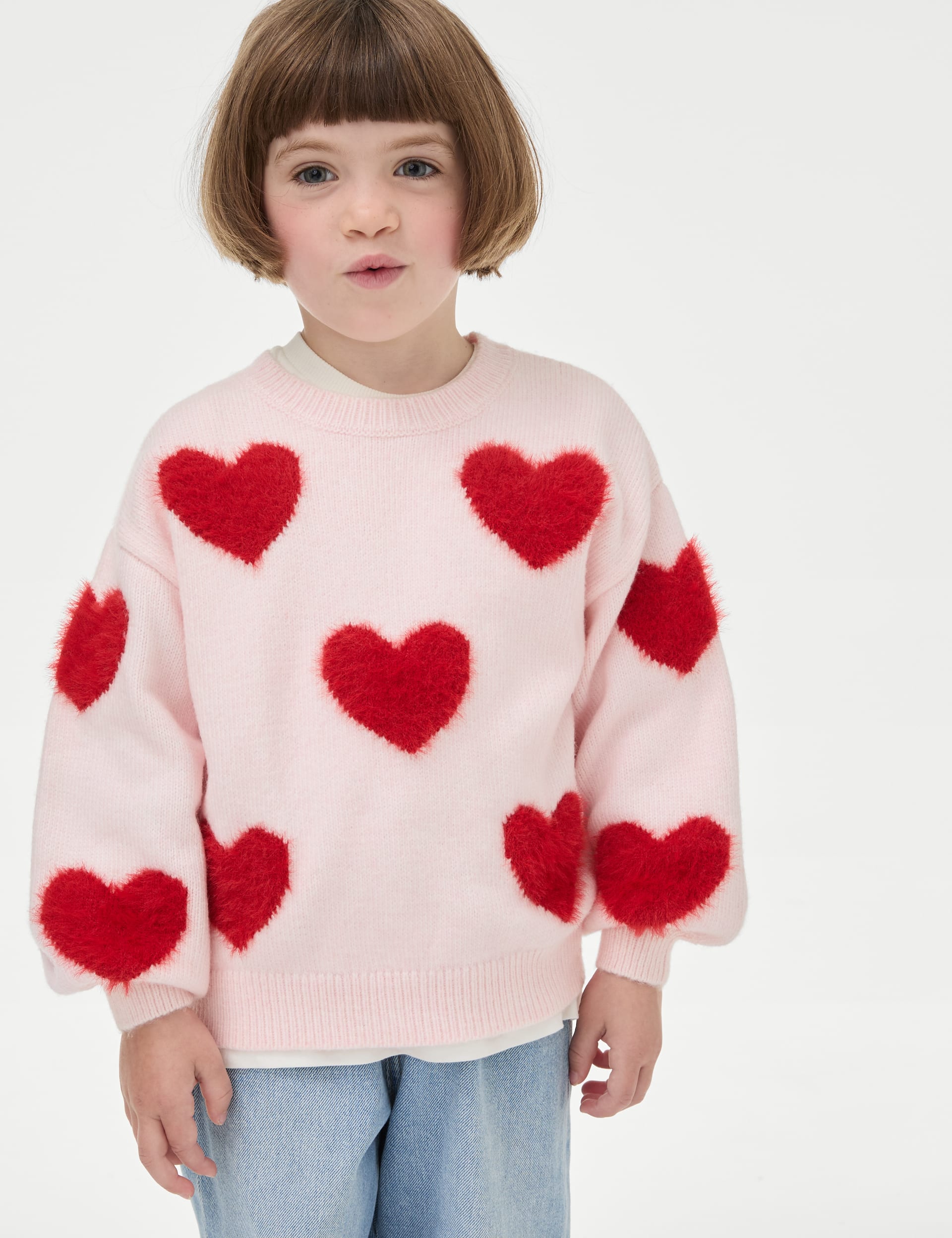 M&S Collection Girls Heart Boucl Jumper (2-8 Yrs) - 6-7 Y - Pink Mix, Pink Mix