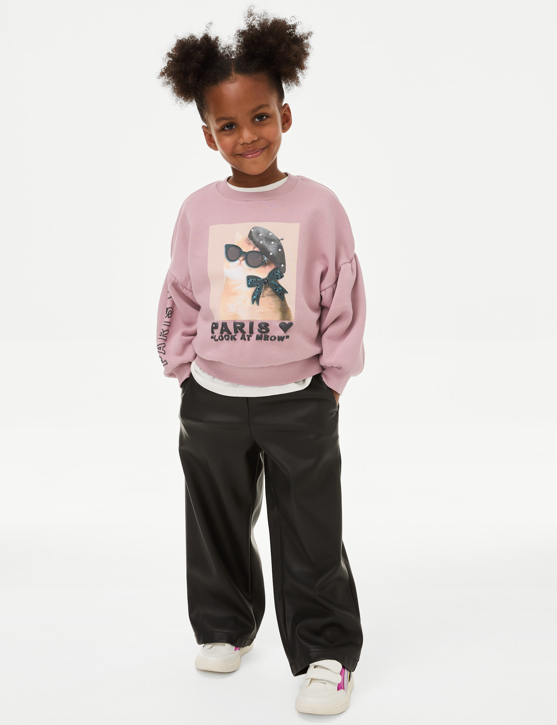 M&S Collection Girls Cotton Rich Paris Cat Sweatshirt (2-10 Yrs) - 6-7 Y - Pink Mix, Pink Mix