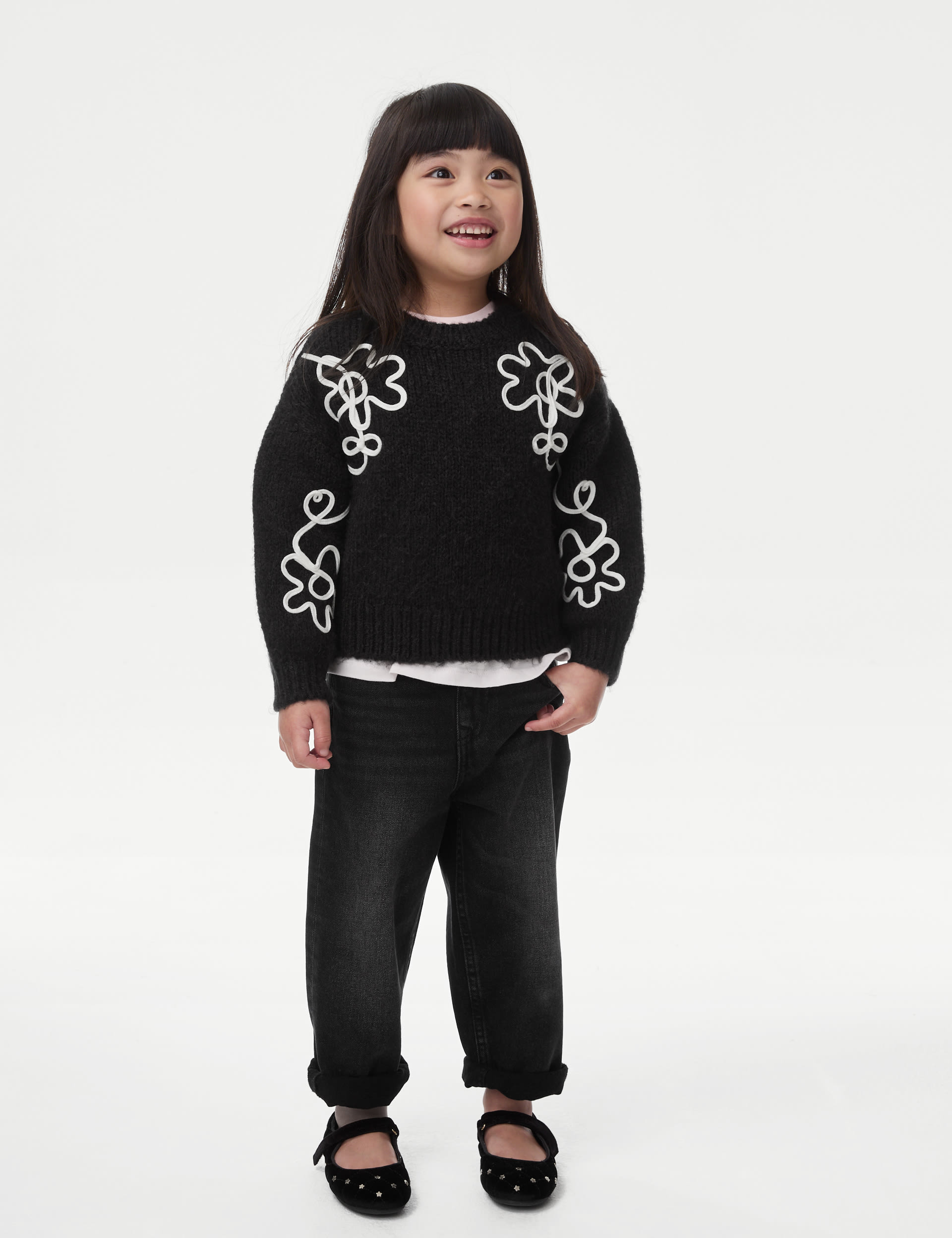 M&S Collection Girls Cornelli Floral Jumper (2-8 Yrs) - 2-3 Y - Carbon, Carbon