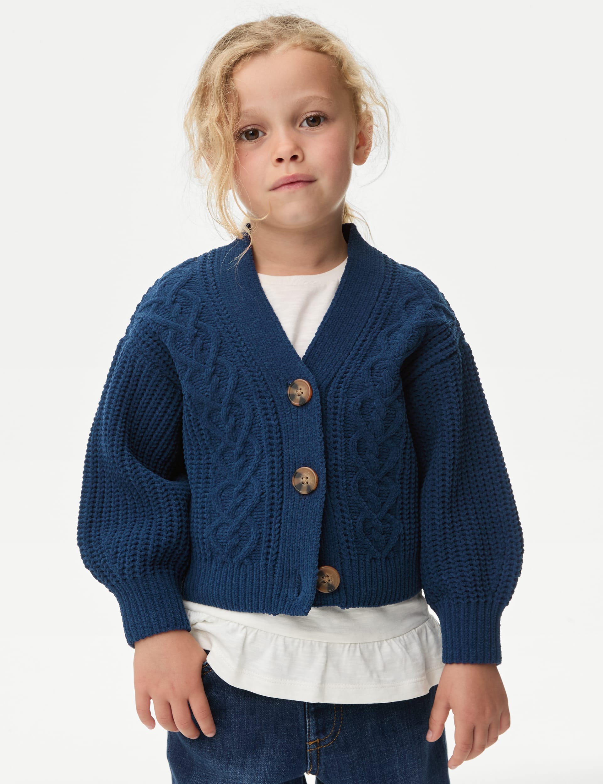 M&S Collection Girls Chunky Knit Cardigan (2-8 Yrs) - 3-4 Y - Navy, Pink,Navy