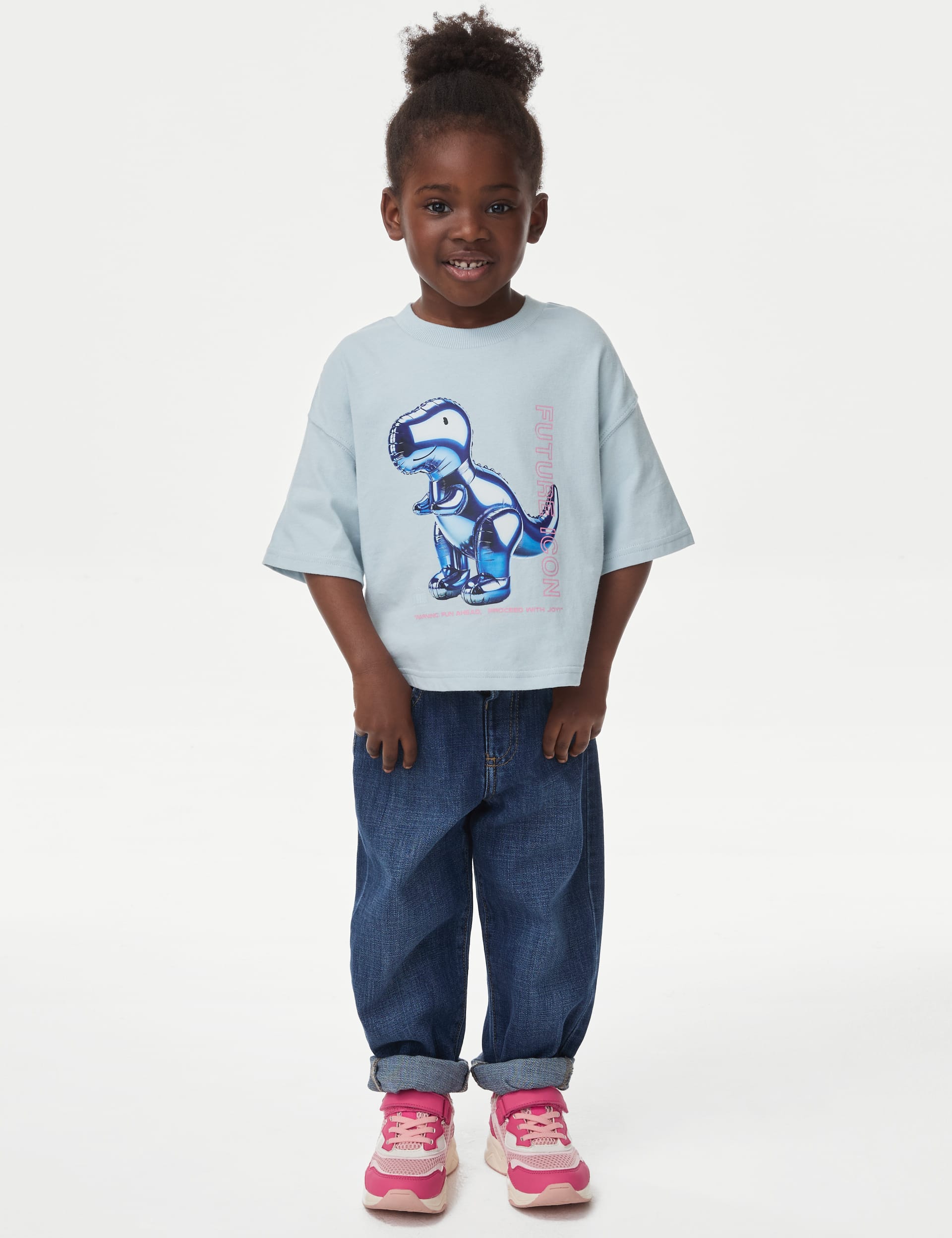 M&S Collection Girls Pure Cotton Dinosaur Top (2-8 Yrs) - 5-6 Y - Blue Mix, Blue Mix