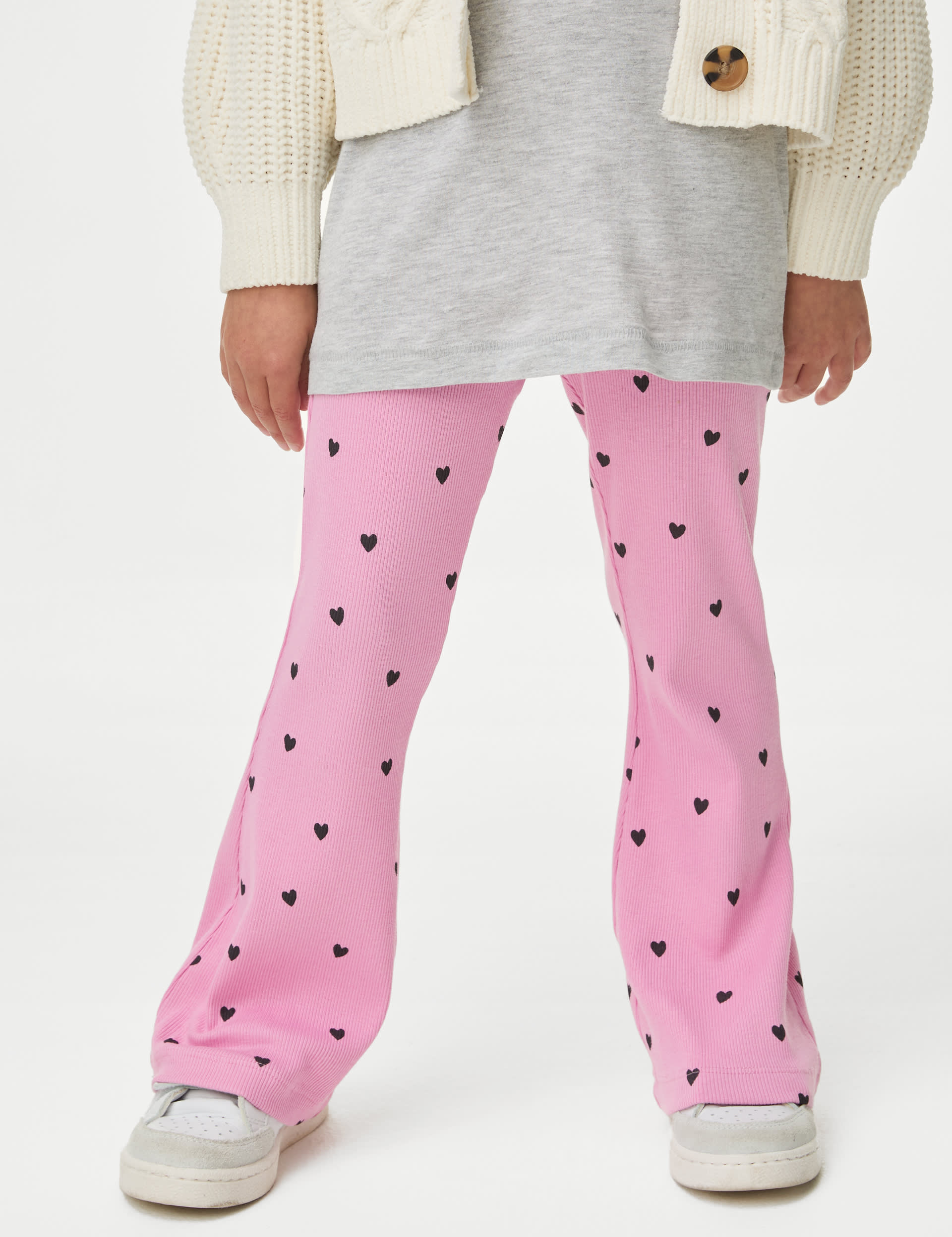 M&S Collection Girls Cotton Rich Heart Ribbed Flared Leggings (2-8 Yrs) - 2-3 Y - Pink Mix, Pink Mix