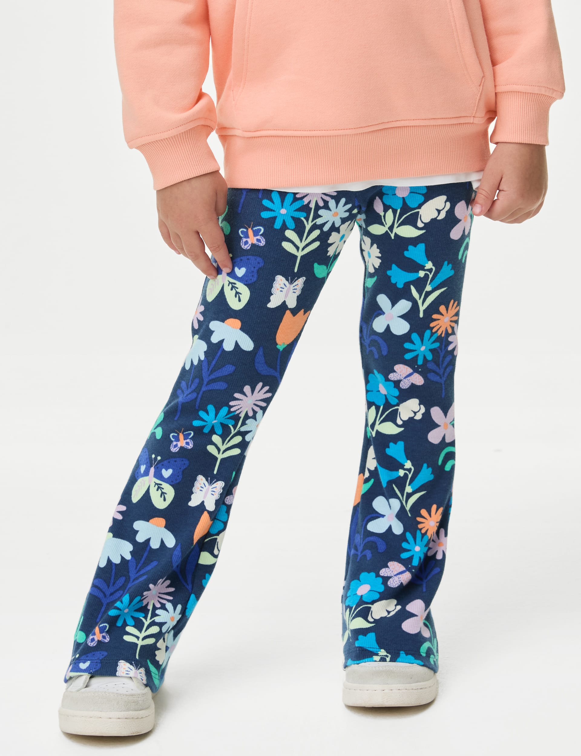 M&S Collection Girls Cotton Rich Floral Ribbed Flared Legging (2-8 Yrs) - 5-6 Y - Navy Mix, Navy Mix