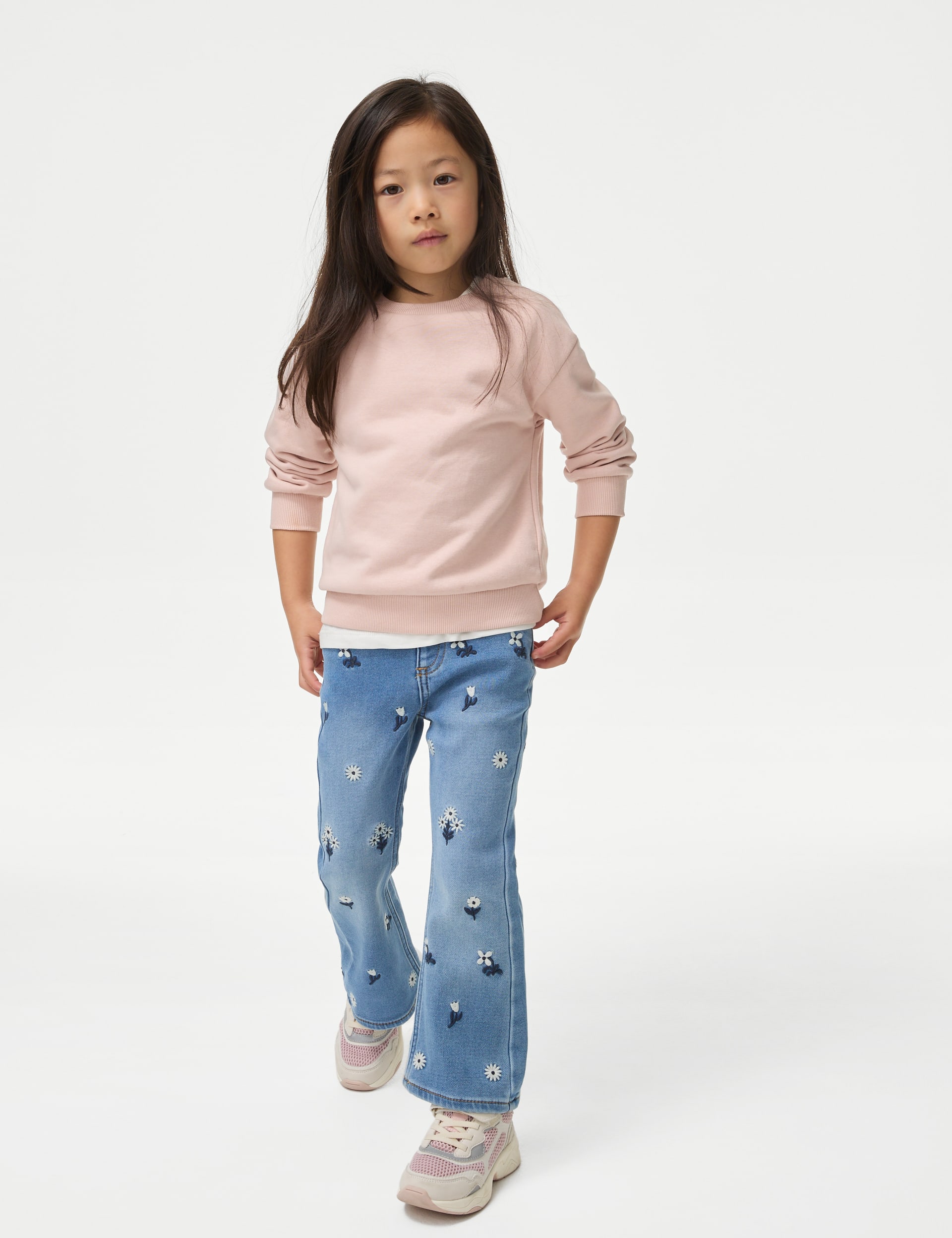 M&S Collection Girls Denim Embroidered Flared Jeans (2-8 Yrs) - 3-4 Y - Light Denim, Light Denim