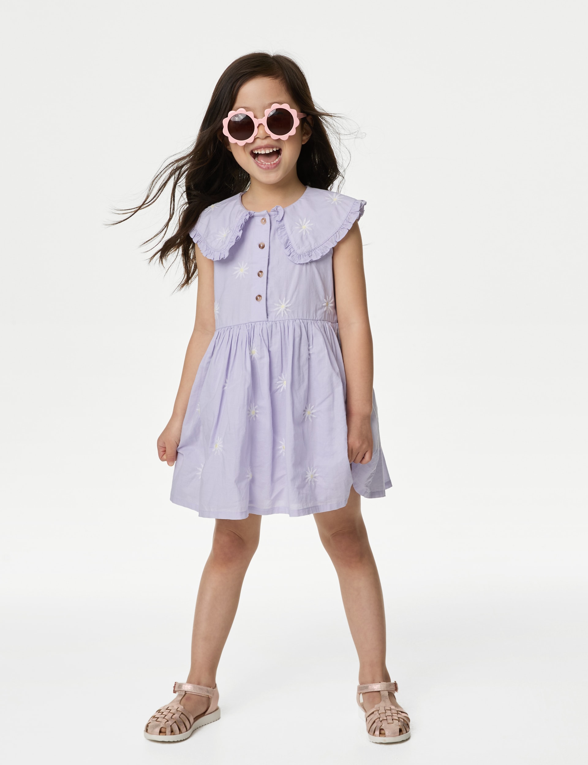 M&S Collection Girls Pure Cotton Embroidered Dress (2-8 Yrs) - 5-6 Y - Lilac, Ivory Mix,Lilac