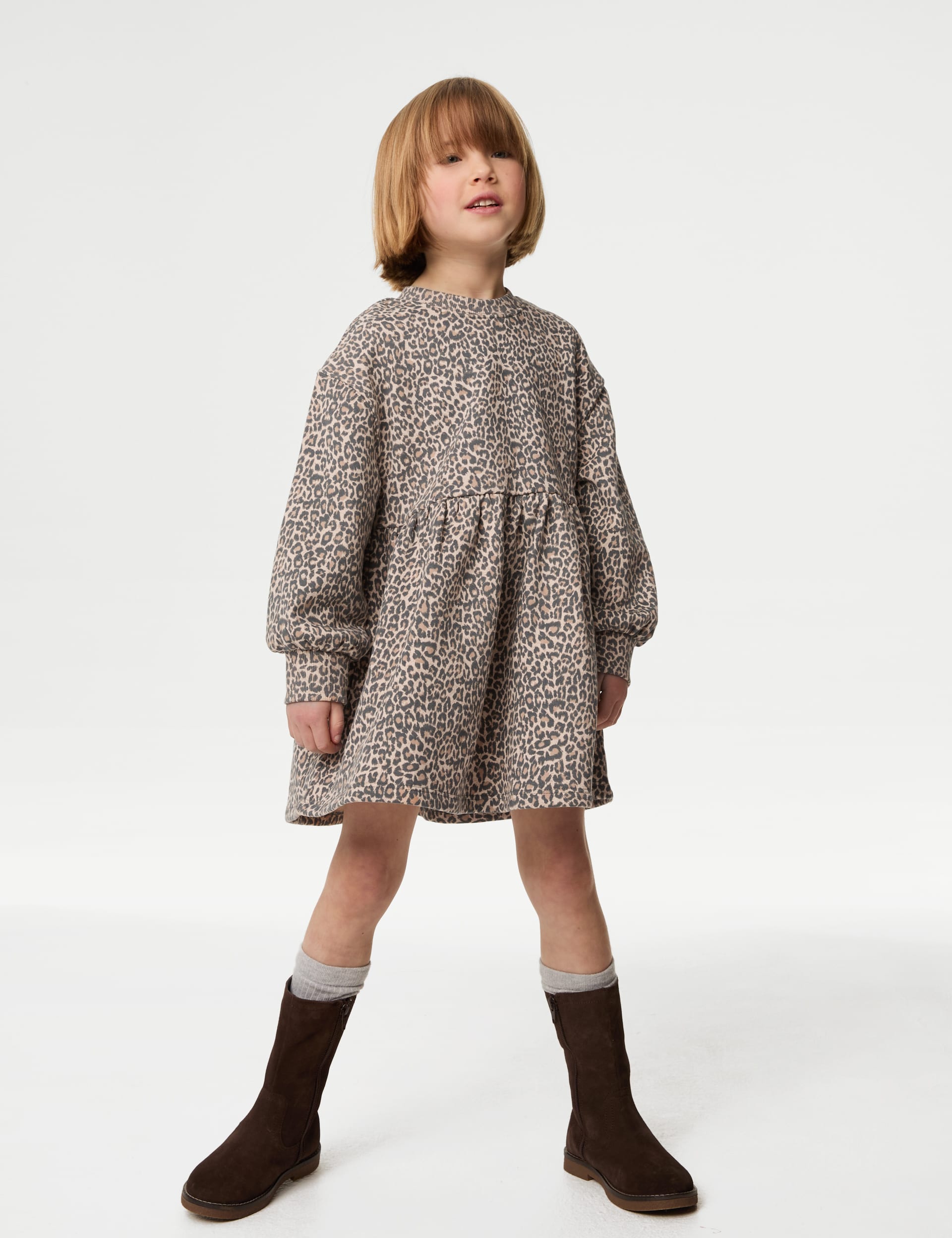 M&S Collection Girls Cotton Rich Leopard Jumper Dress (1-8 Yrs) - 12-18 - Neutral, Neutral