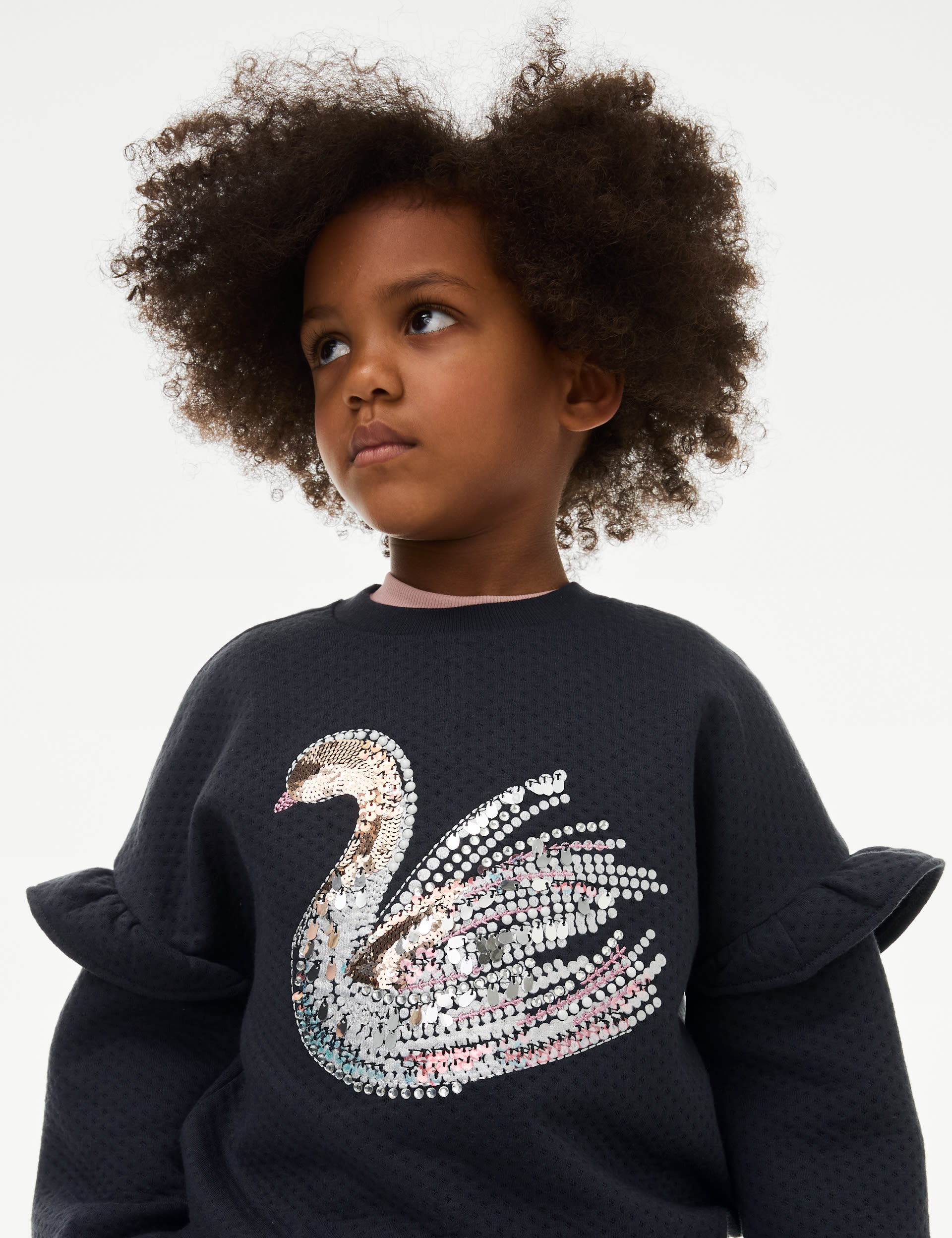 M&S Collection Girls Cotton Rich Sequin Swan Sweatshirt (2-8 Yrs) - 2-3 Y - Carbon, Carbon