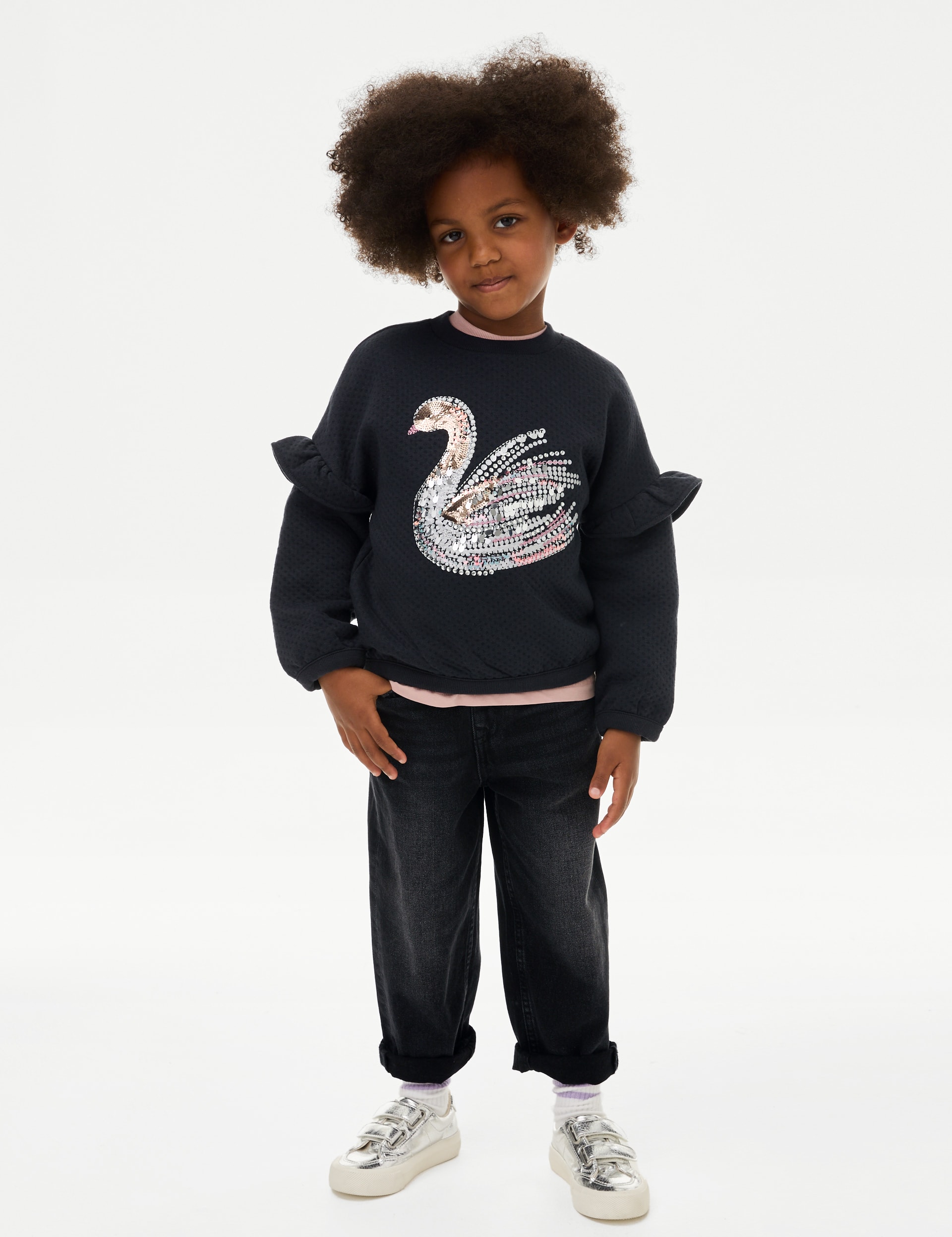 M&S Collection Girls Cotton Rich Sequin Swan Sweatshirt (2-8 Yrs) - 2-3 Y - Carbon, Carbon