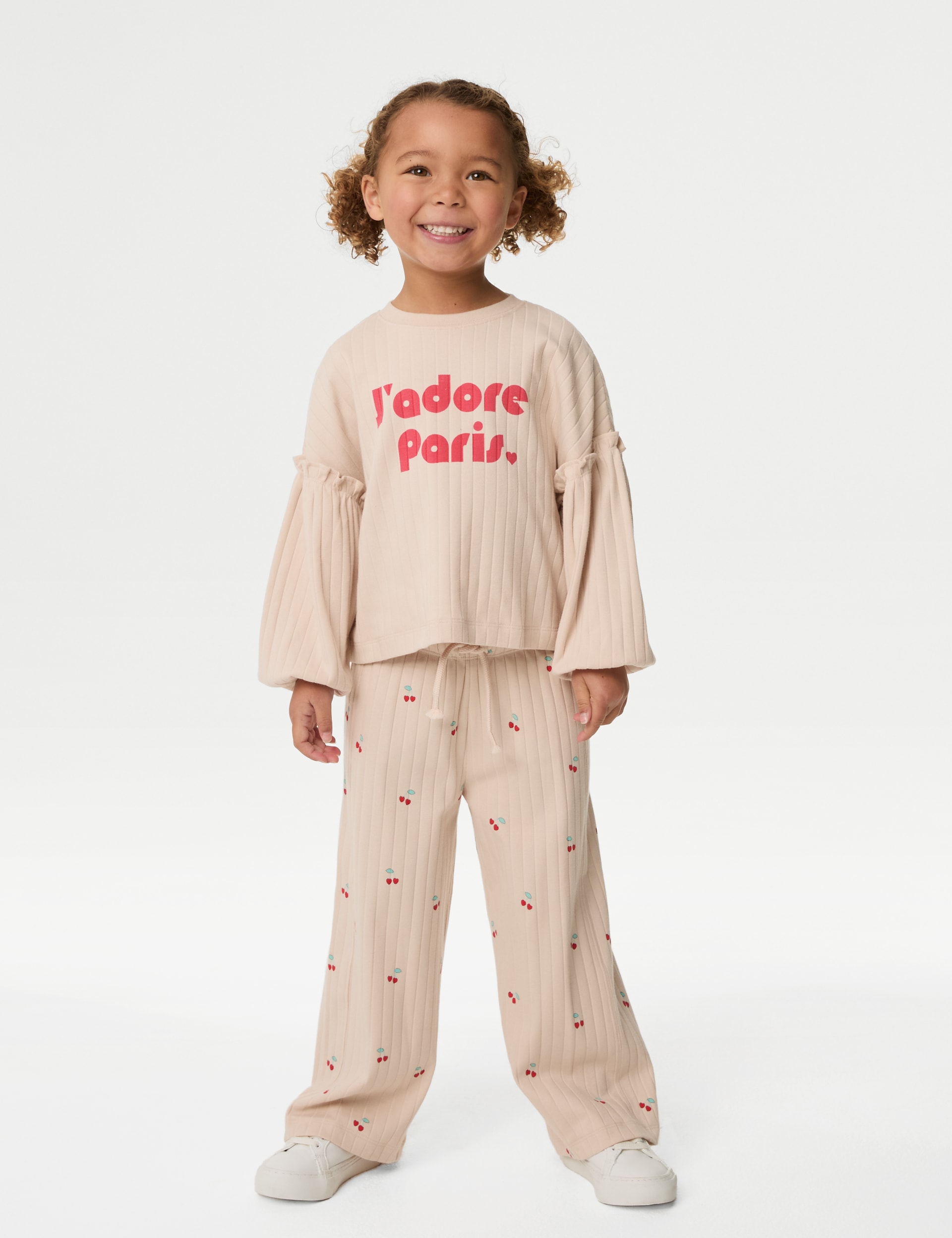 M&S Collection Girls Cotton Rich Paris Slogan Top & Bottom Outfit (2-8 Yrs) - 7-8 Y - Calico, Calico