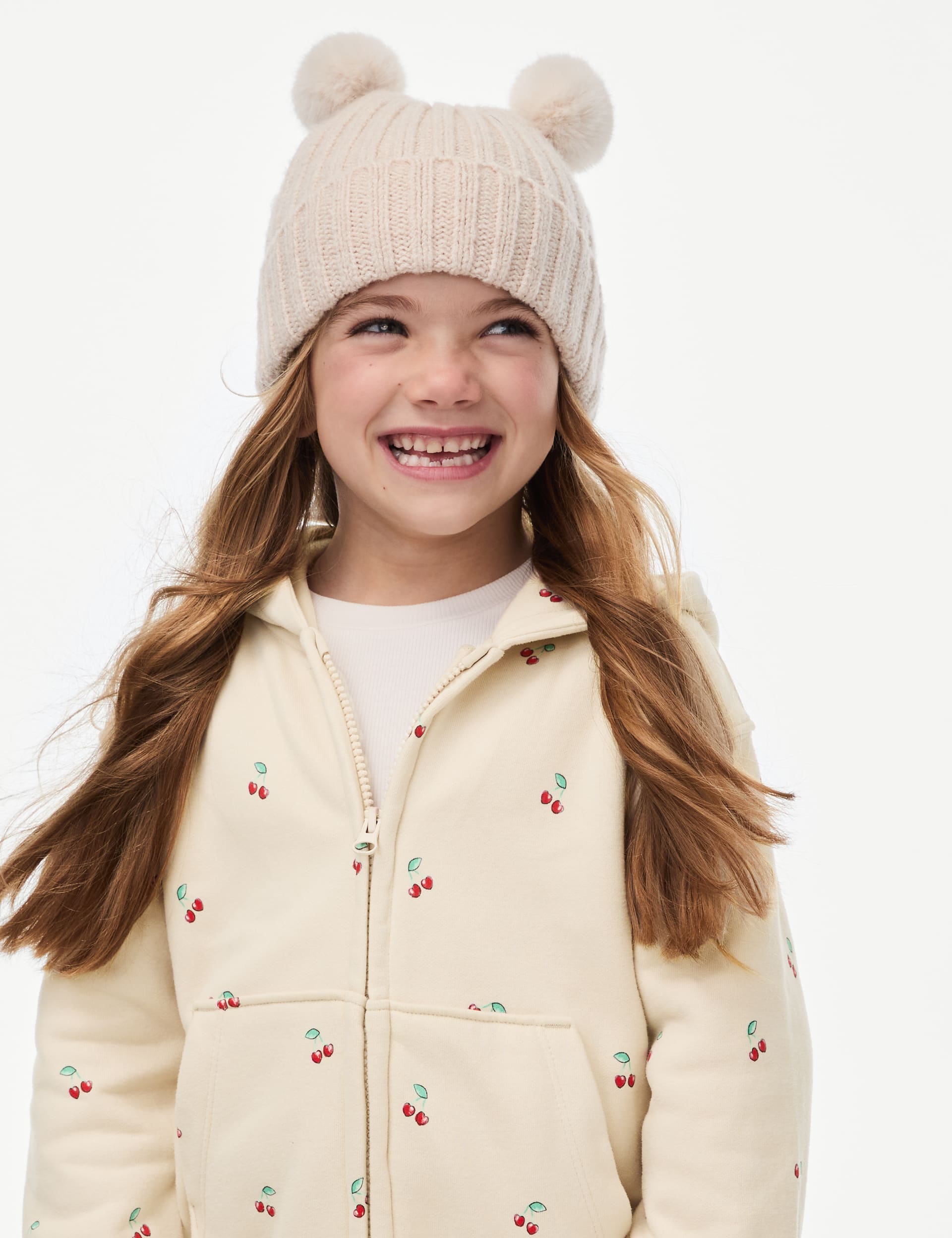 M&S Collection Cotton Rich Cherries Zip Hoodie (2-8 Yrs) - 7-8 Y - Ivory Mix, Ivory Mix