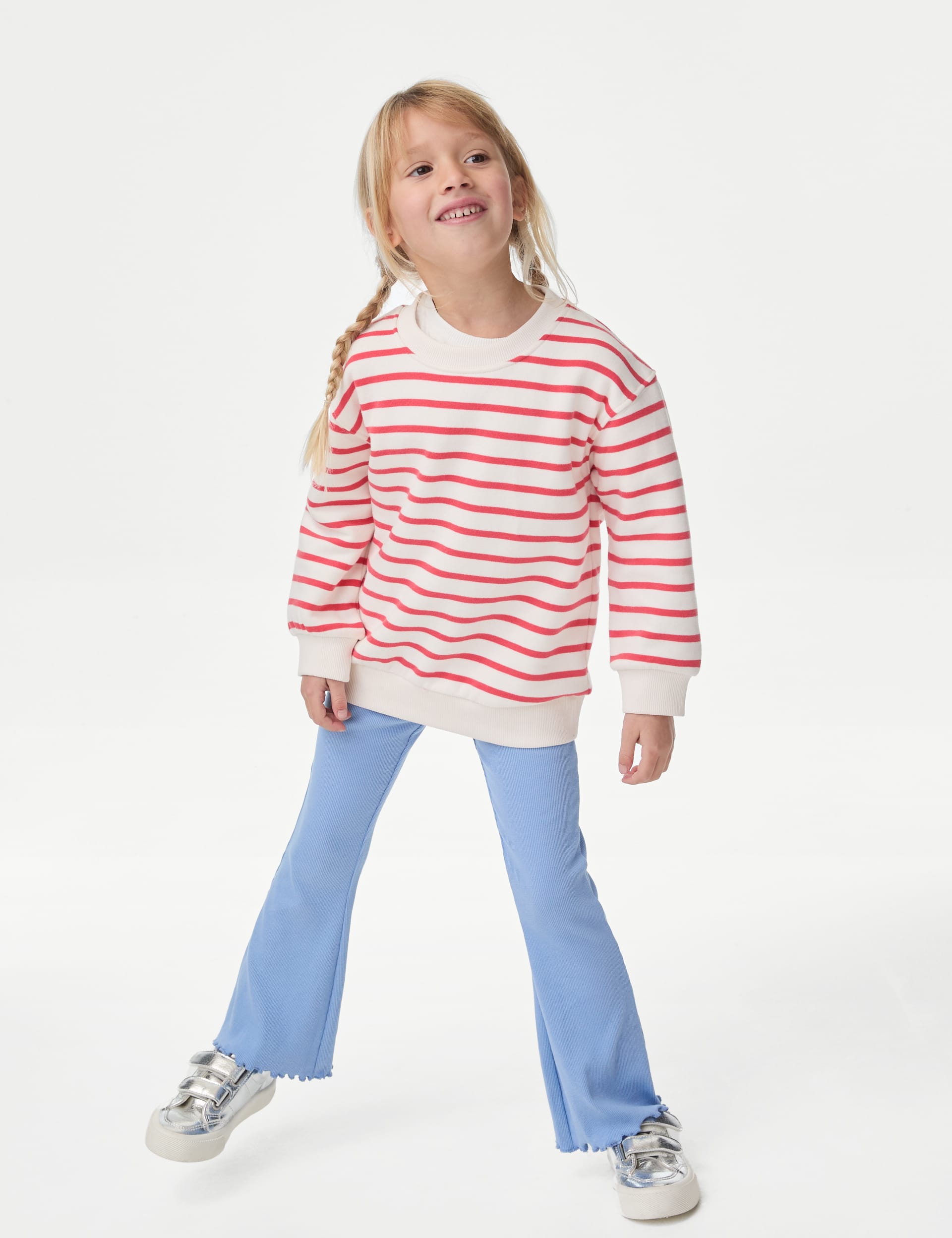 M&S Collection Girls Cotton Rich Ribbed Flared Leggings (2-8 Yrs) - 5-6 Y - Fresh Blue, Fresh Blue,B