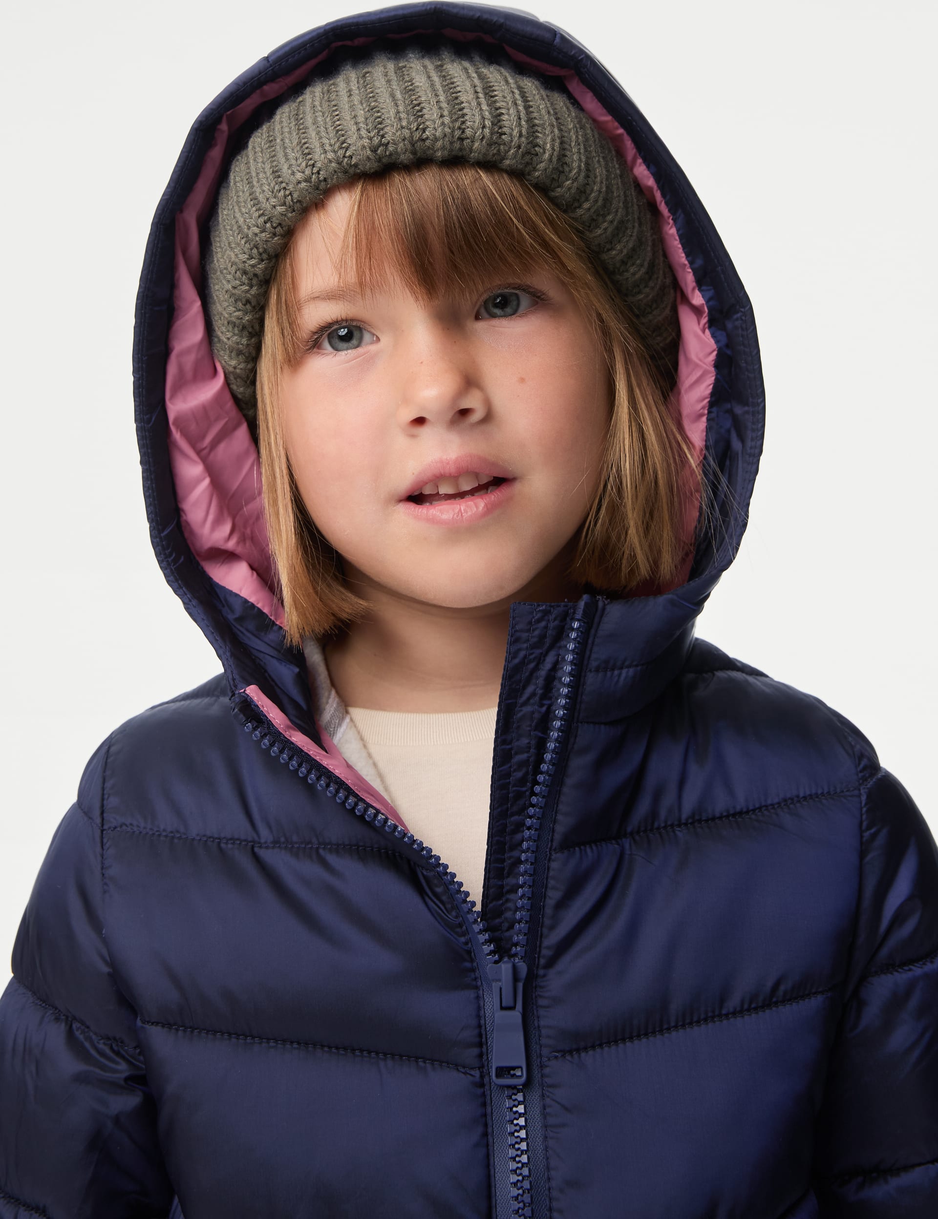 M&S Collection Girls Lightweight Padded Jacket (2-8 Yrs) - 6-7 Y - Navy, Pink,Navy