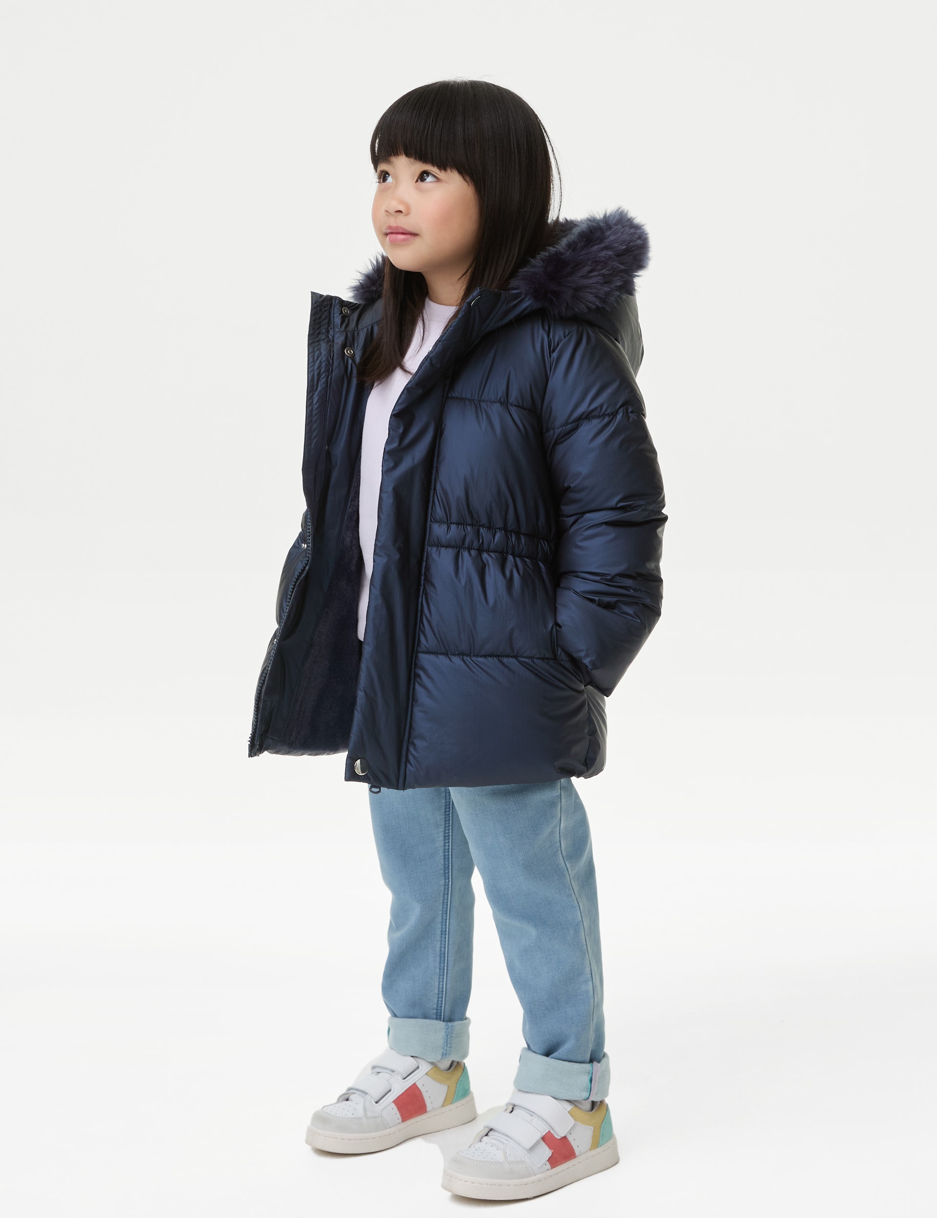 M&S Collection Girls Metallic Borg Lined Parka (2-8 Yrs) - 2-3 Y - Navy, Black,Navy,Cream,Lilac