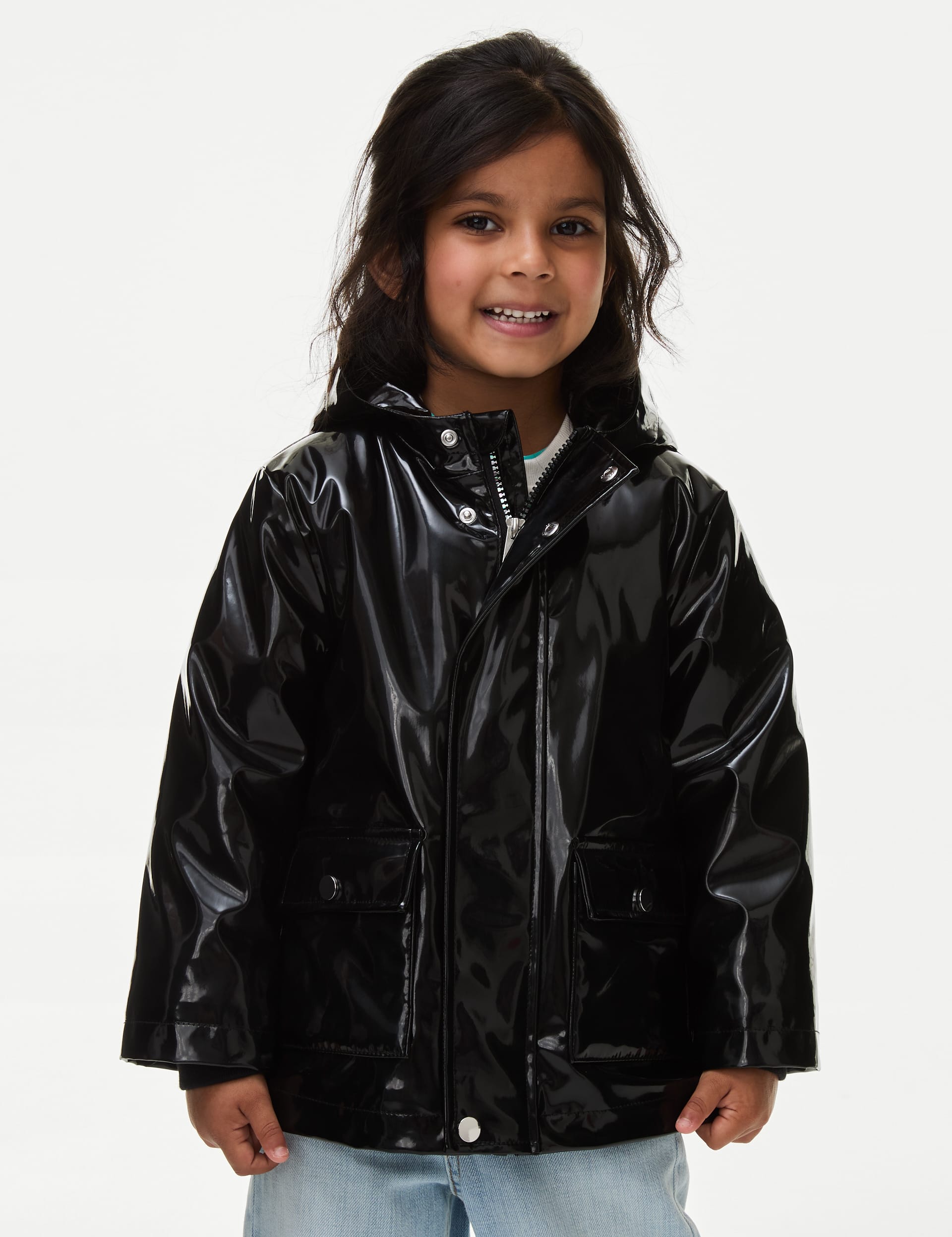 M&S Collection Patent Fisherman Coat (2-8 Yrs) - 5-6 Y - Black, Black