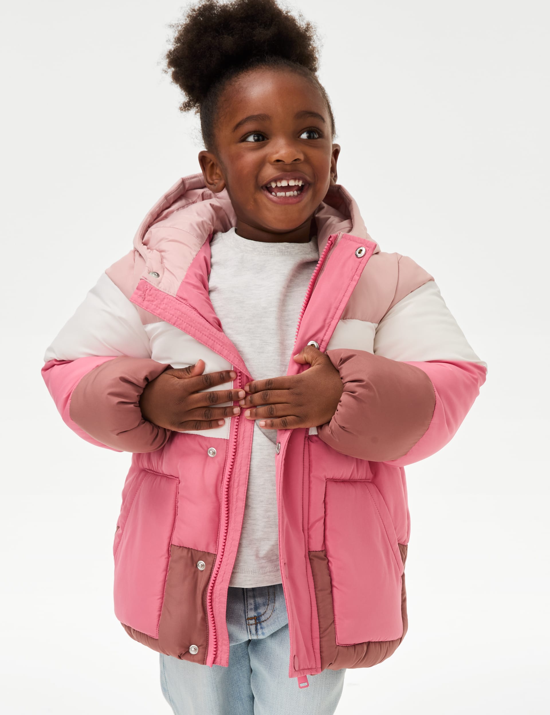 M&S Collection Girls Colour Block Padded Coat (2-8 Yrs) - 5-6 Y - Pink Mix, Pink Mix