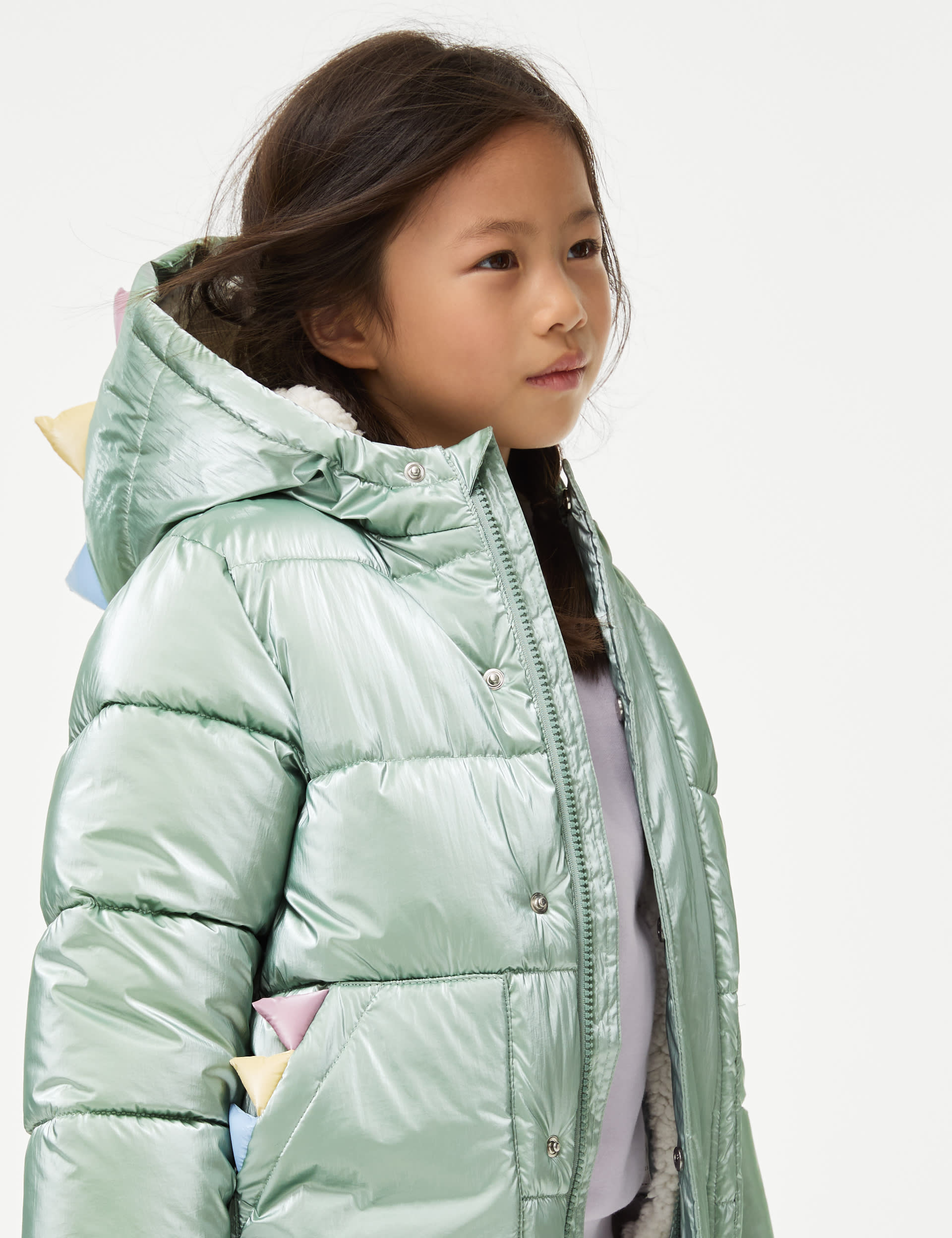 M&S Collection Girls Borg Lined Padded Dinosaur Coat (2-8 Yrs) - 6-7 Y - Green, Green