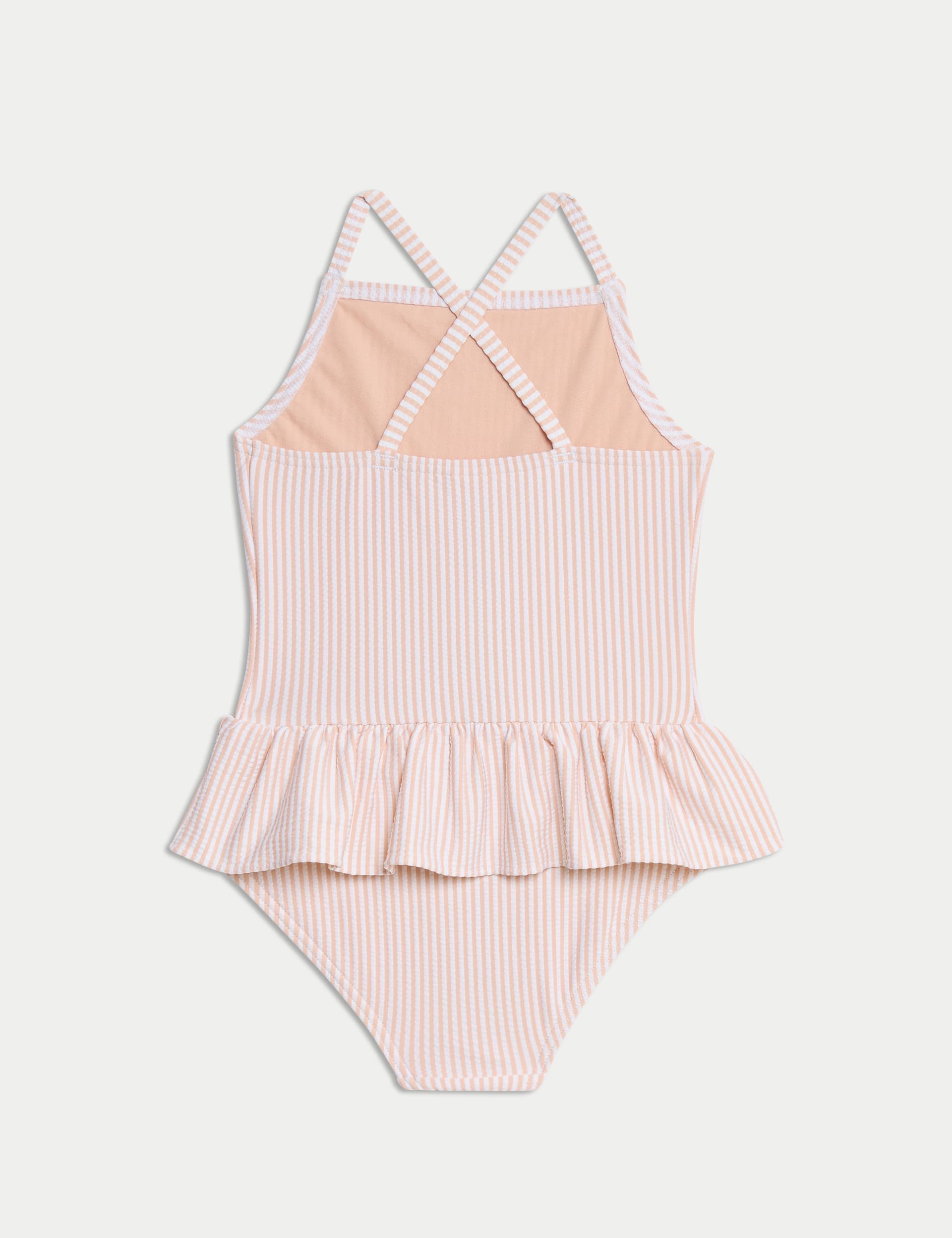 M&S Collection Girls Stripe Frill Swimsuit (2-8 Yrs) - 5-6 Y - Orange Mix, Orange Mix