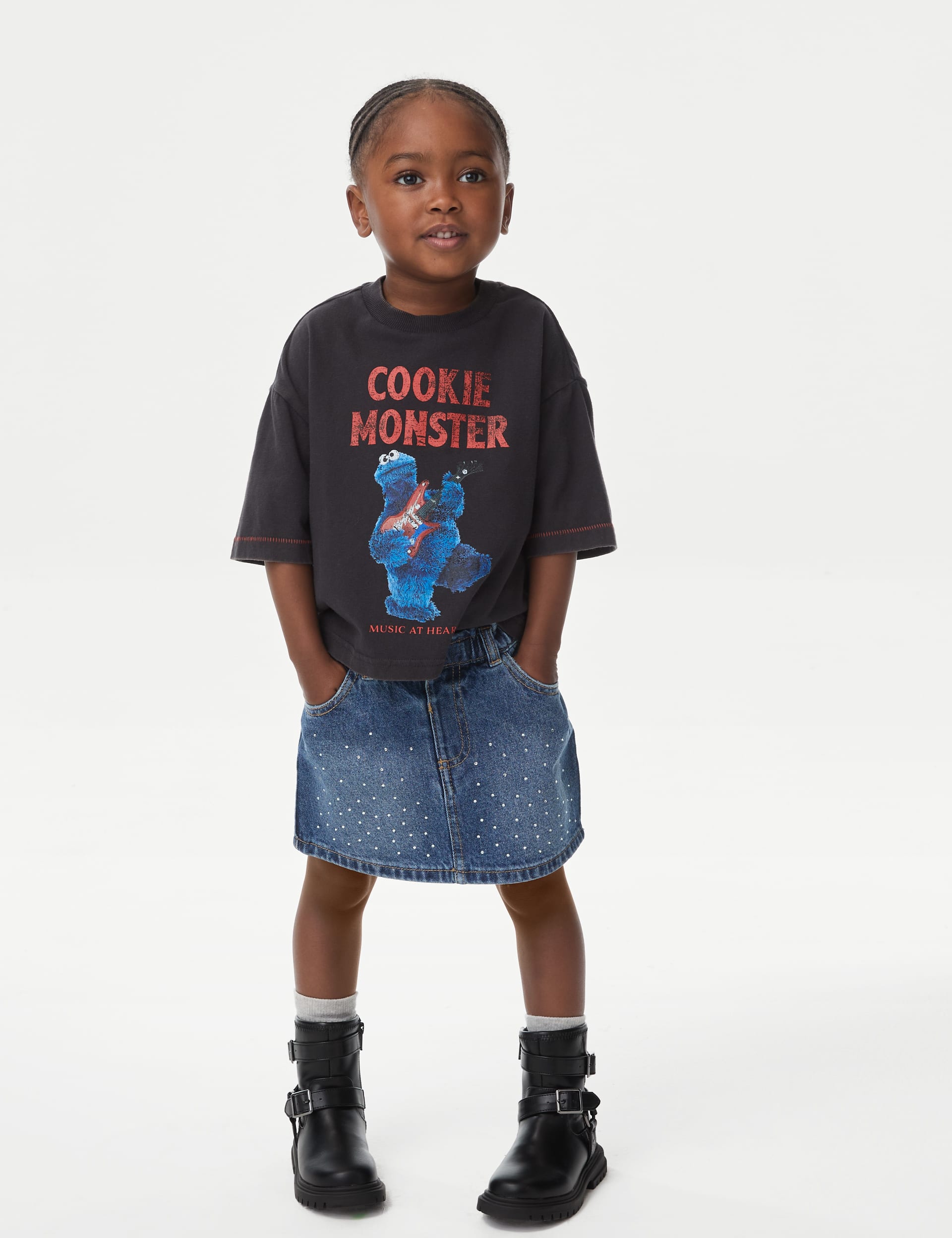 M&S Collection Girls Pure Cotton Cookie Monster T-Shirt (2-8 Yrs) - 6-7 Y - Carbon, Carbon