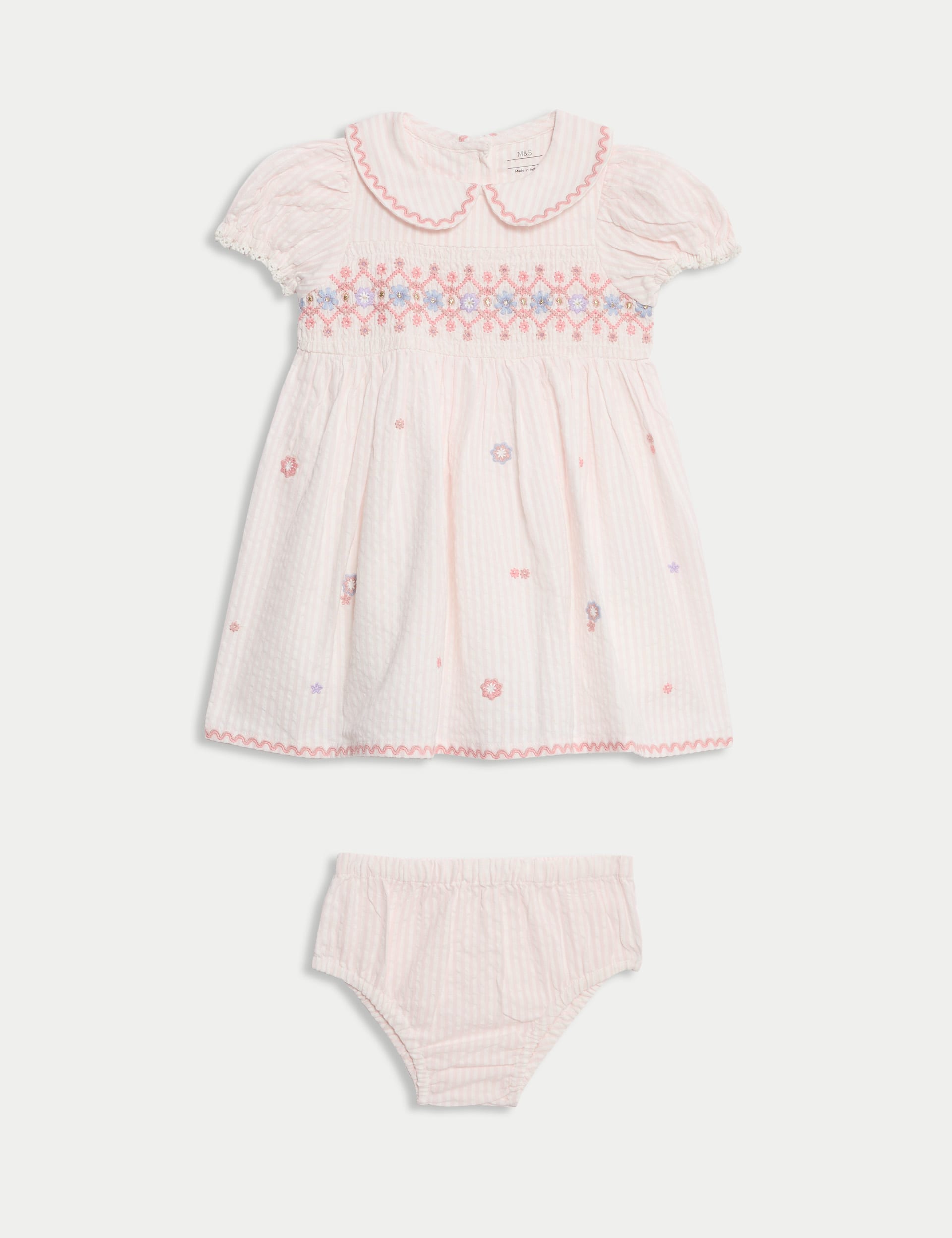 M&S Collection Girls 2pc Pure Cotton Embroidered Outfit (0-6 Yrs) - 12-18 - Pink Mix, Pink Mix,Green