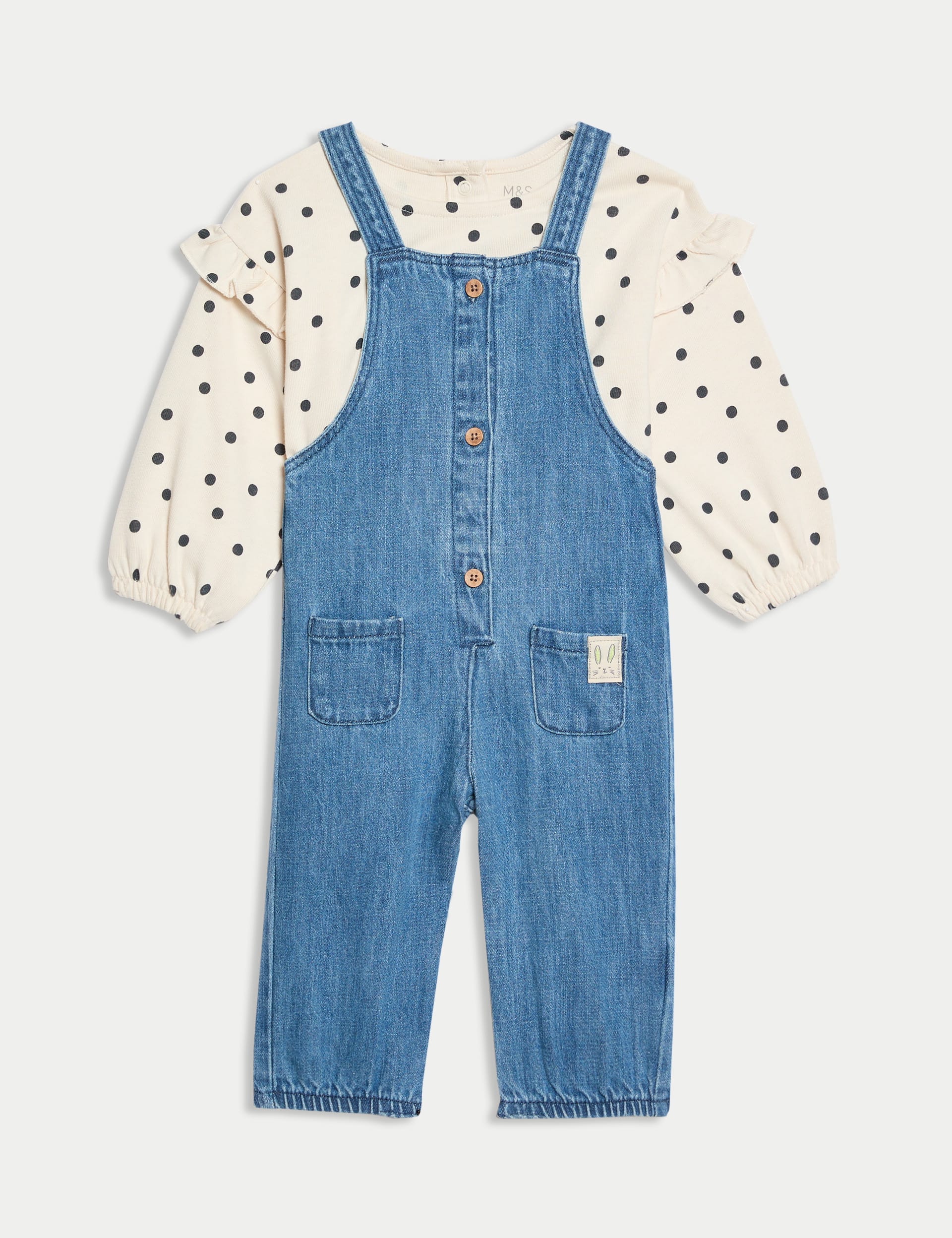 M&S Collection Girls 2pc Cotton Rich Spotted Outfit (0-3 Yrs) - 12-18 - Denim Mix, Denim Mix