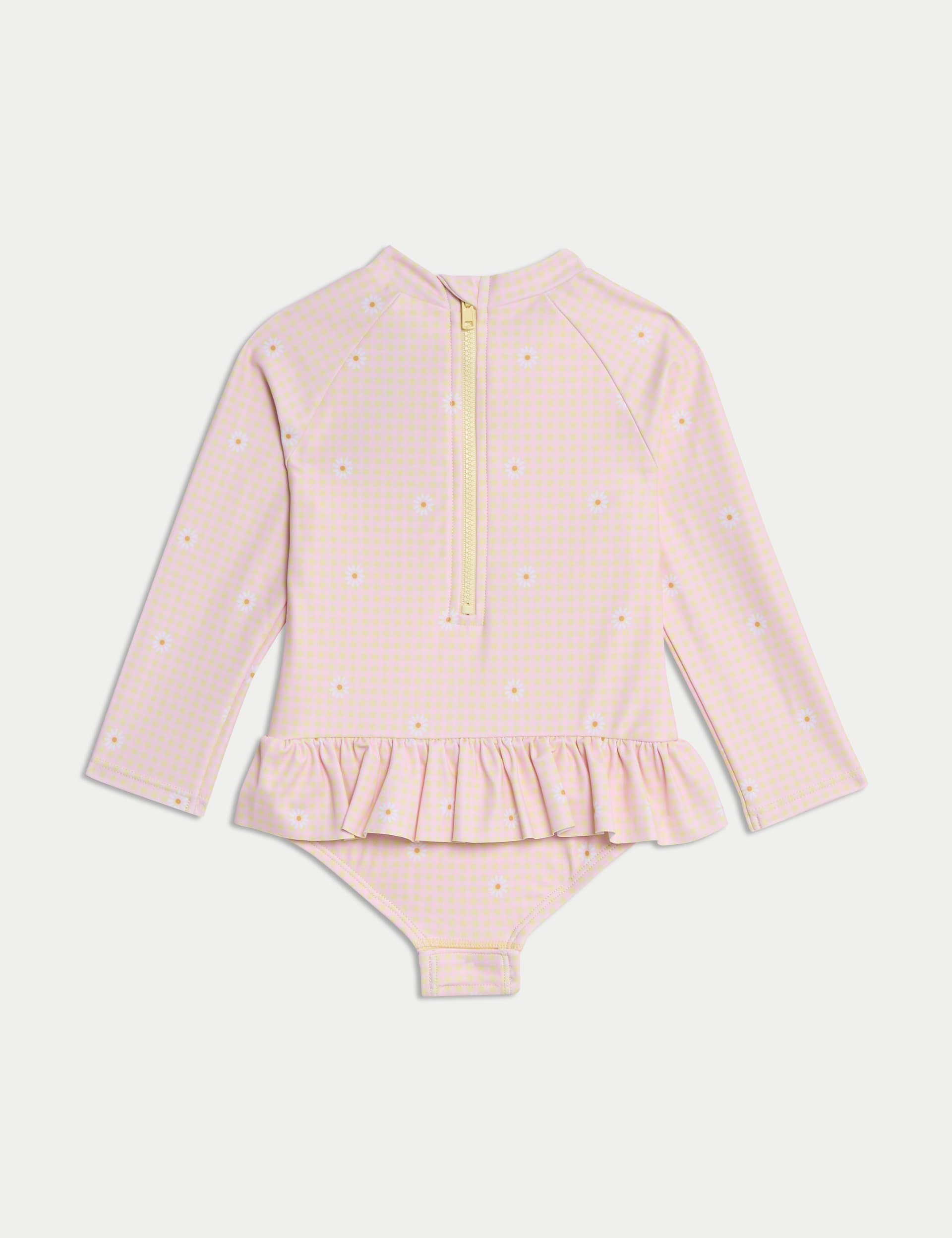 M&S Collection Girls Gingham Floral Frill Long Sleeve Swimsuit (0-3 Yrs) - 18-24 - Yellow Mix, Yello