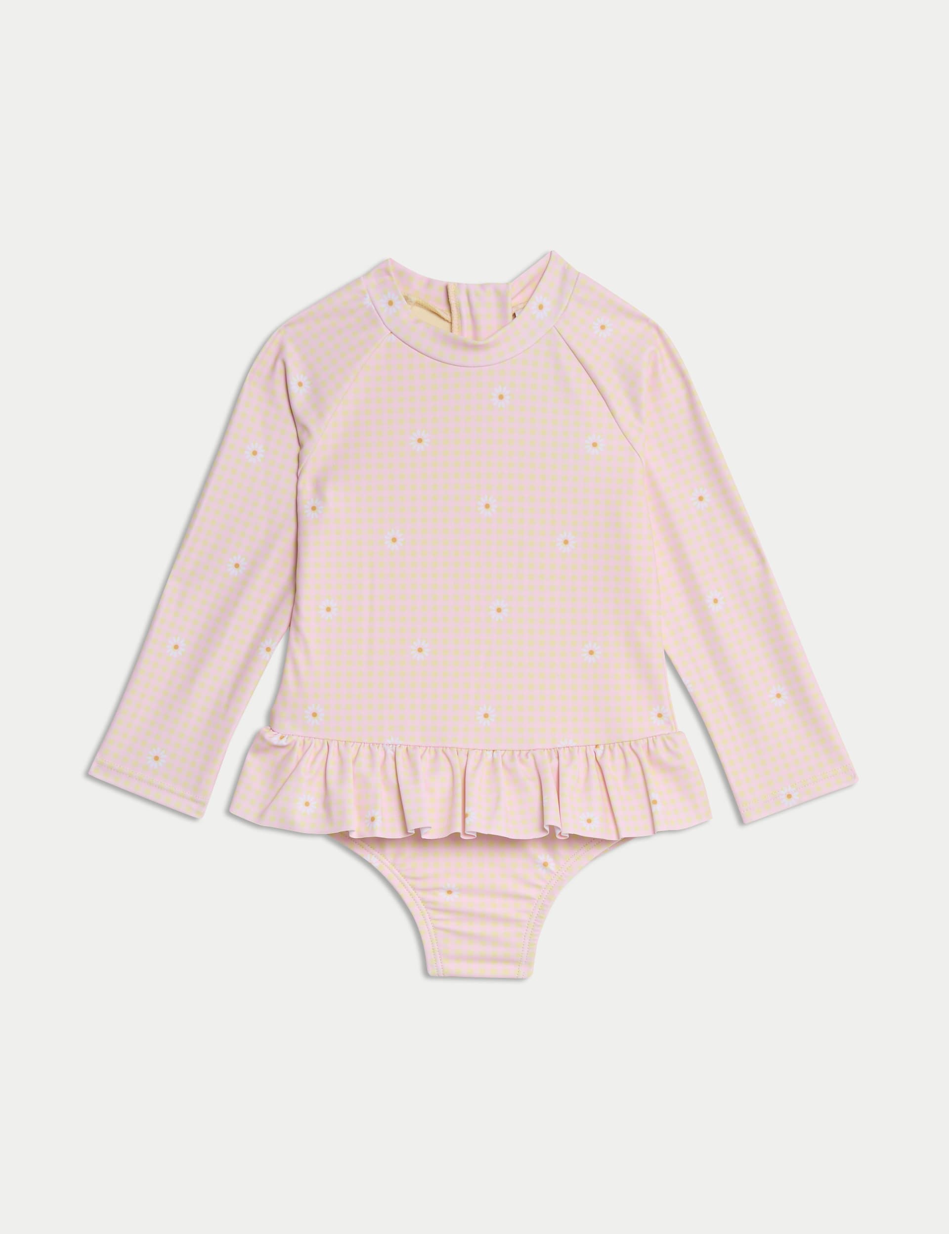 M&S Collection Girls Gingham Floral Frill Long Sleeve Swimsuit (0-3 Yrs) - 12-18 - Yellow Mix, Yello