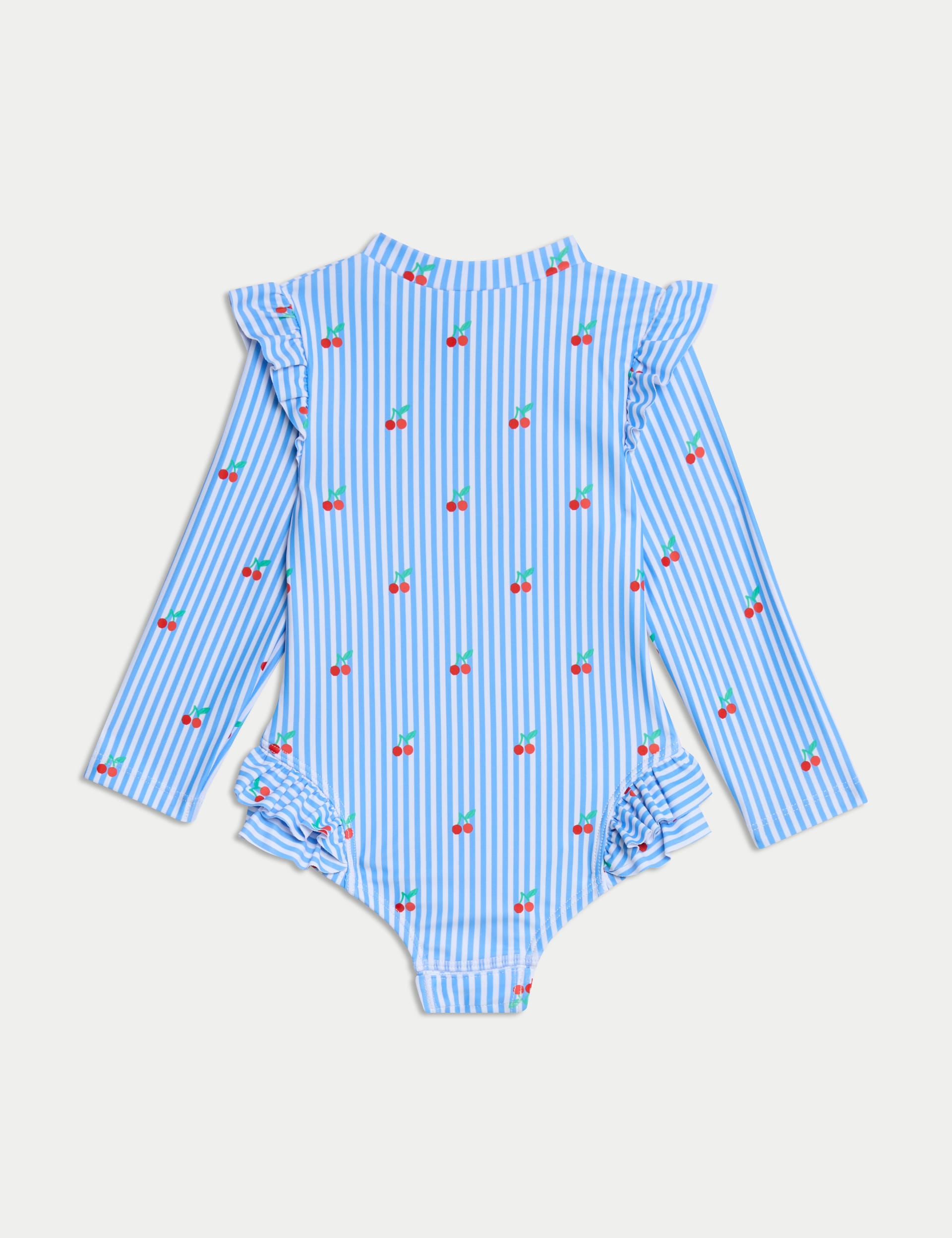 M&S Collection Girls Cherry Stripe Frill Long Sleeve Swimsuit (0-3 Yrs) - 12-18 - Blue Mix, Blue Mix