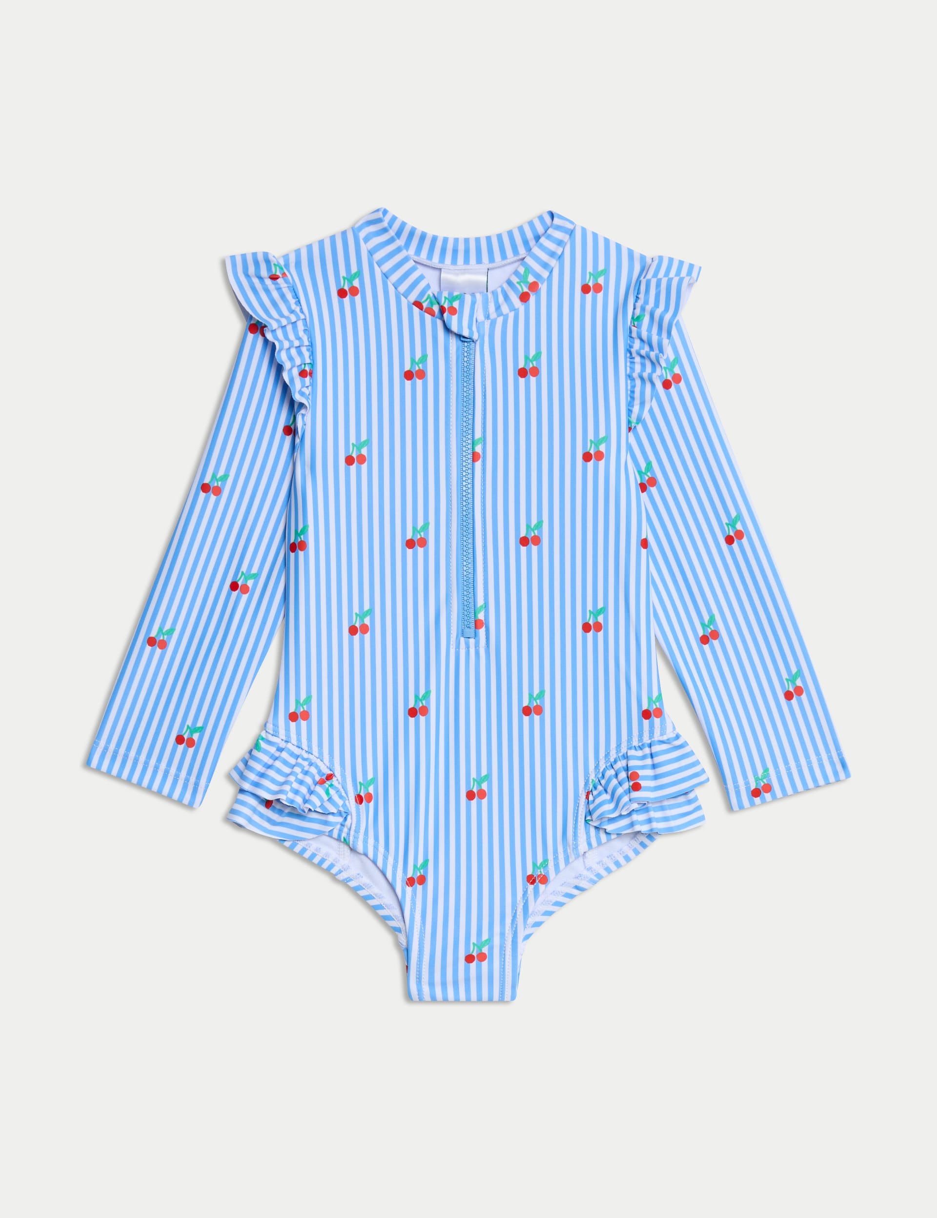 M&S Collection Girls Cherry Stripe Frill Long Sleeve Swimsuit (0-3 Yrs) - 12-18 - Blue Mix, Blue Mix