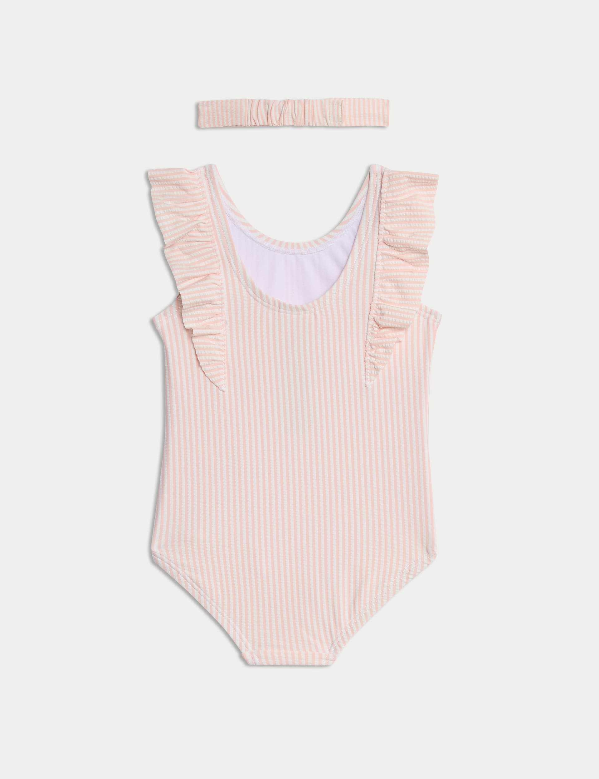 M&S Collection Girls 2pc Striped Seersucker Swimsuit & Headband (0 Mths-6 Yrs) - 12-18 - Pink Mix, P