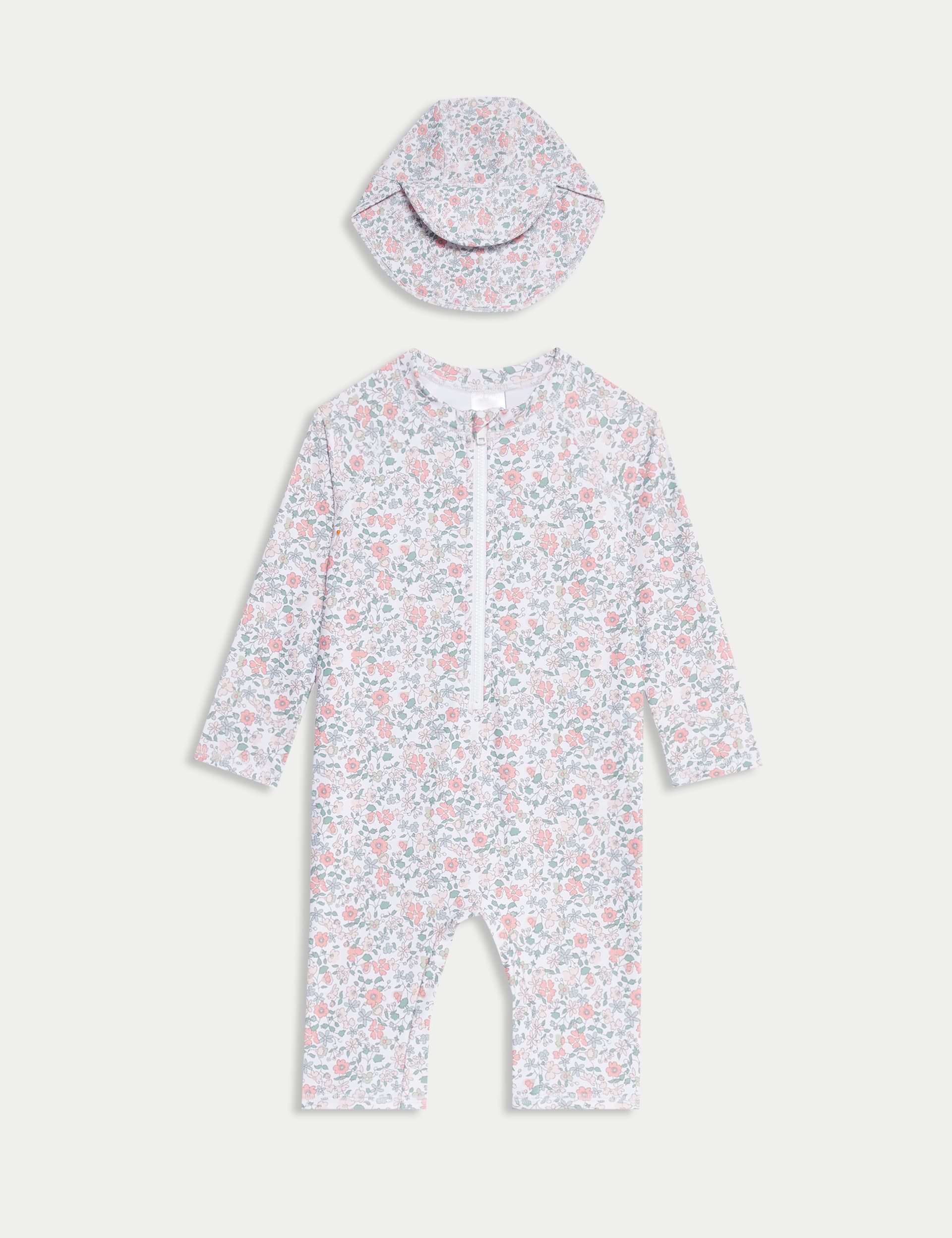 M&S Collection Girls 2pc Sunsafe Floral Swimsuit & Hat Set (0-6 Yrs) - 12-18 - Ivory Mix, Ivory Mix