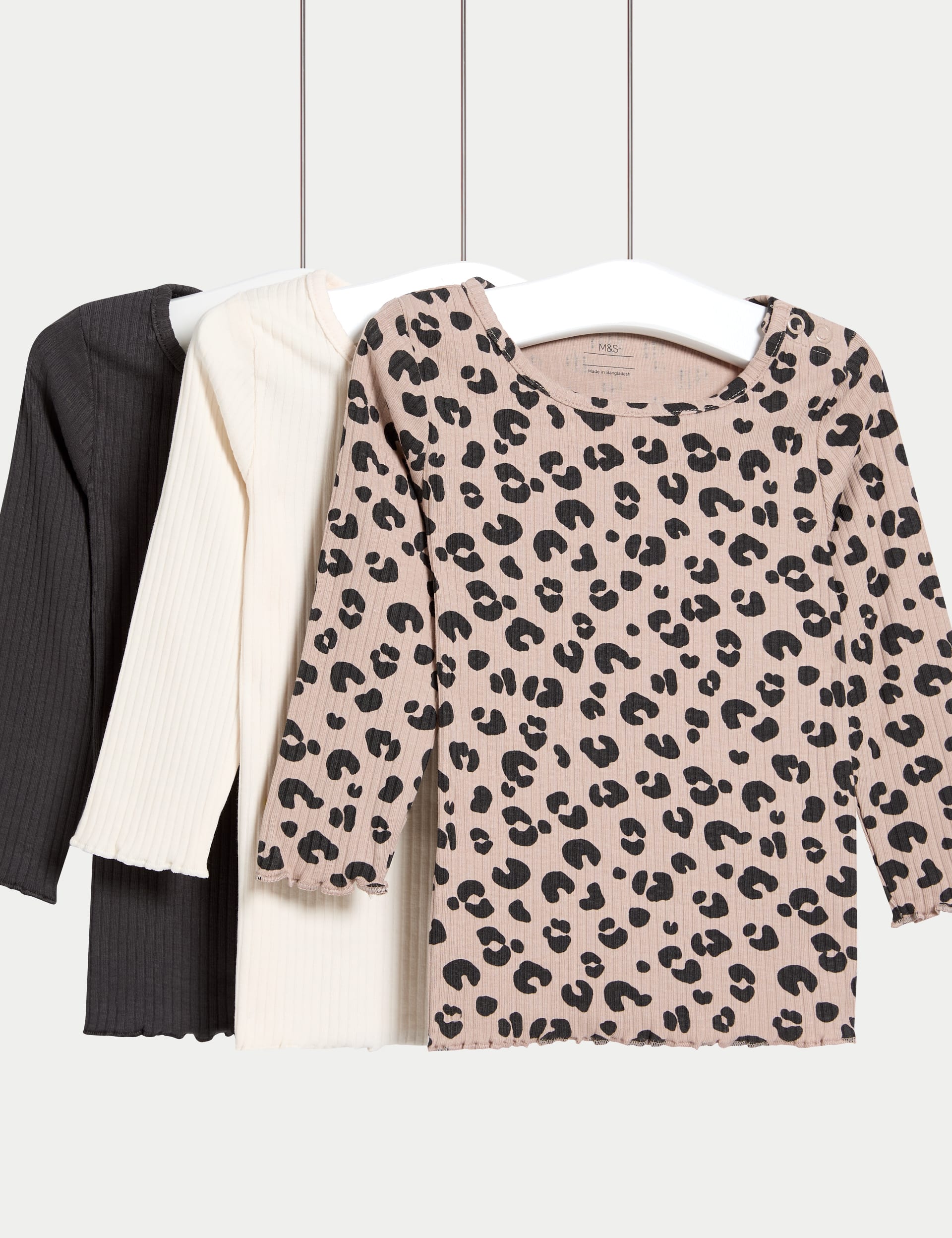 M&S Collection Girls 3pk Cotton Rich Animal Print & Plain Tops (0-3 Yrs) - 12-18 - Neutral, Neutral