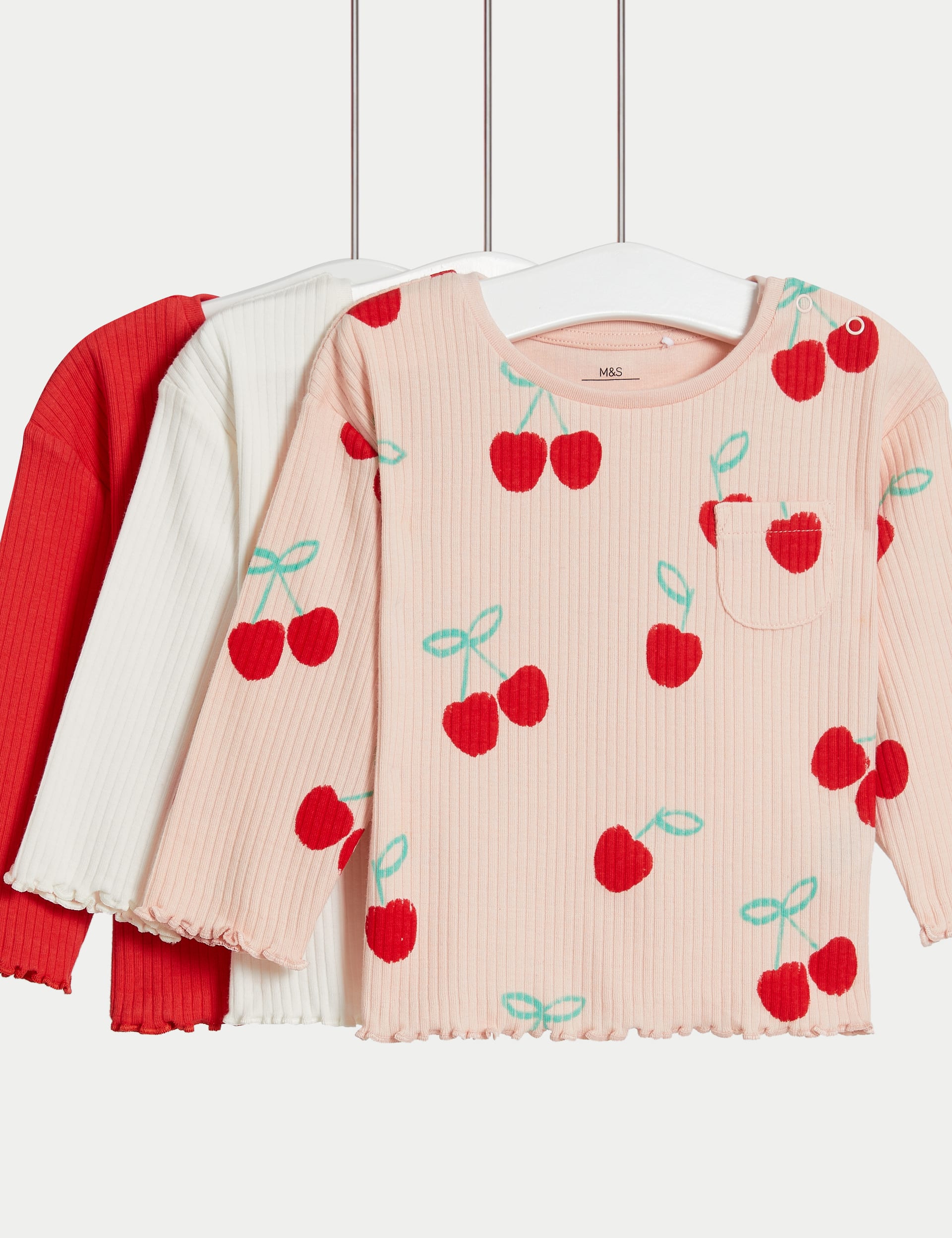 M&S Collection Girls 3pk Cotton Rich Tops (0-3 Yrs) - 12-18 - Red Mix, Red Mix