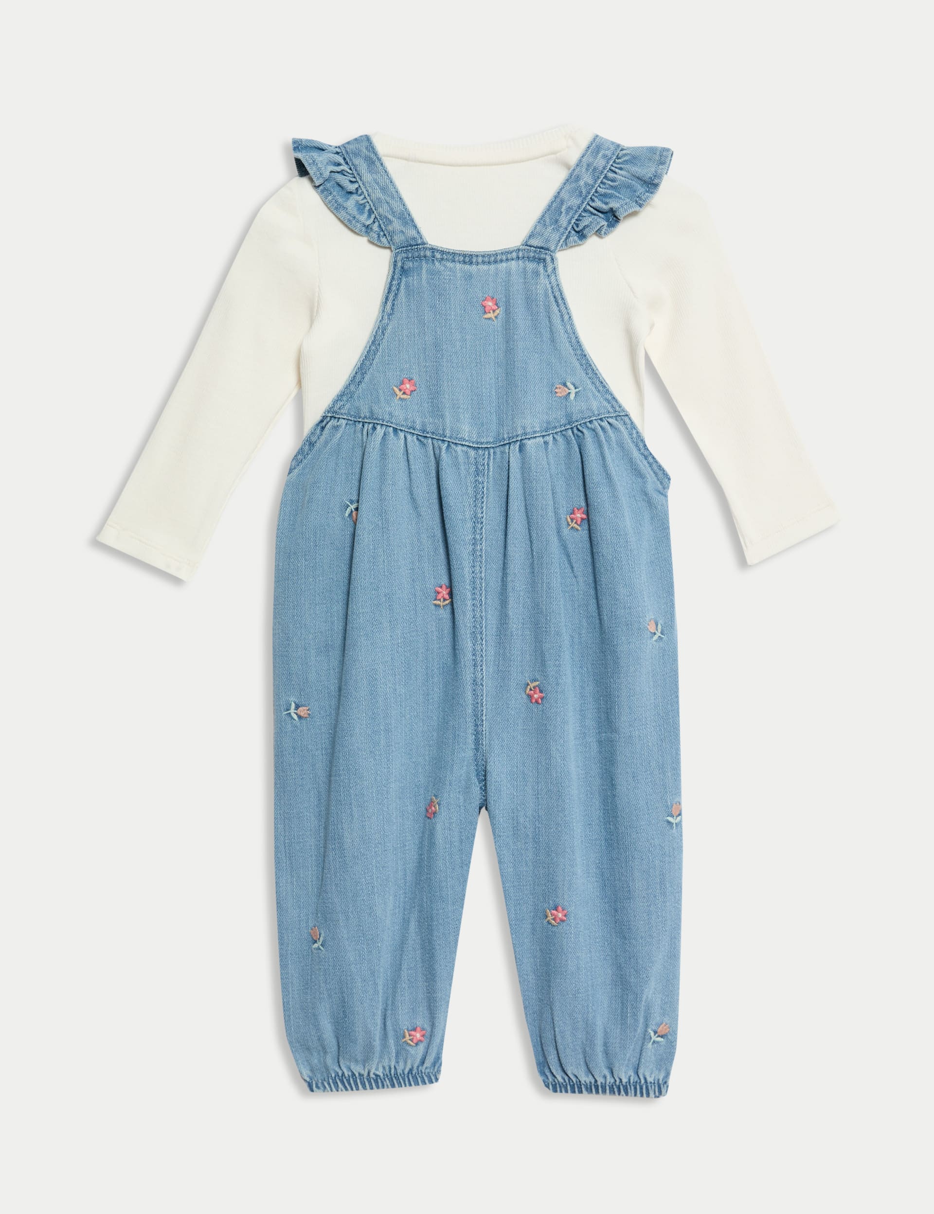 M&S Collection Girls 2pc Denim Embroidered Dungaree Outfit (0-3 Yrs) - 3-6 M, Denim