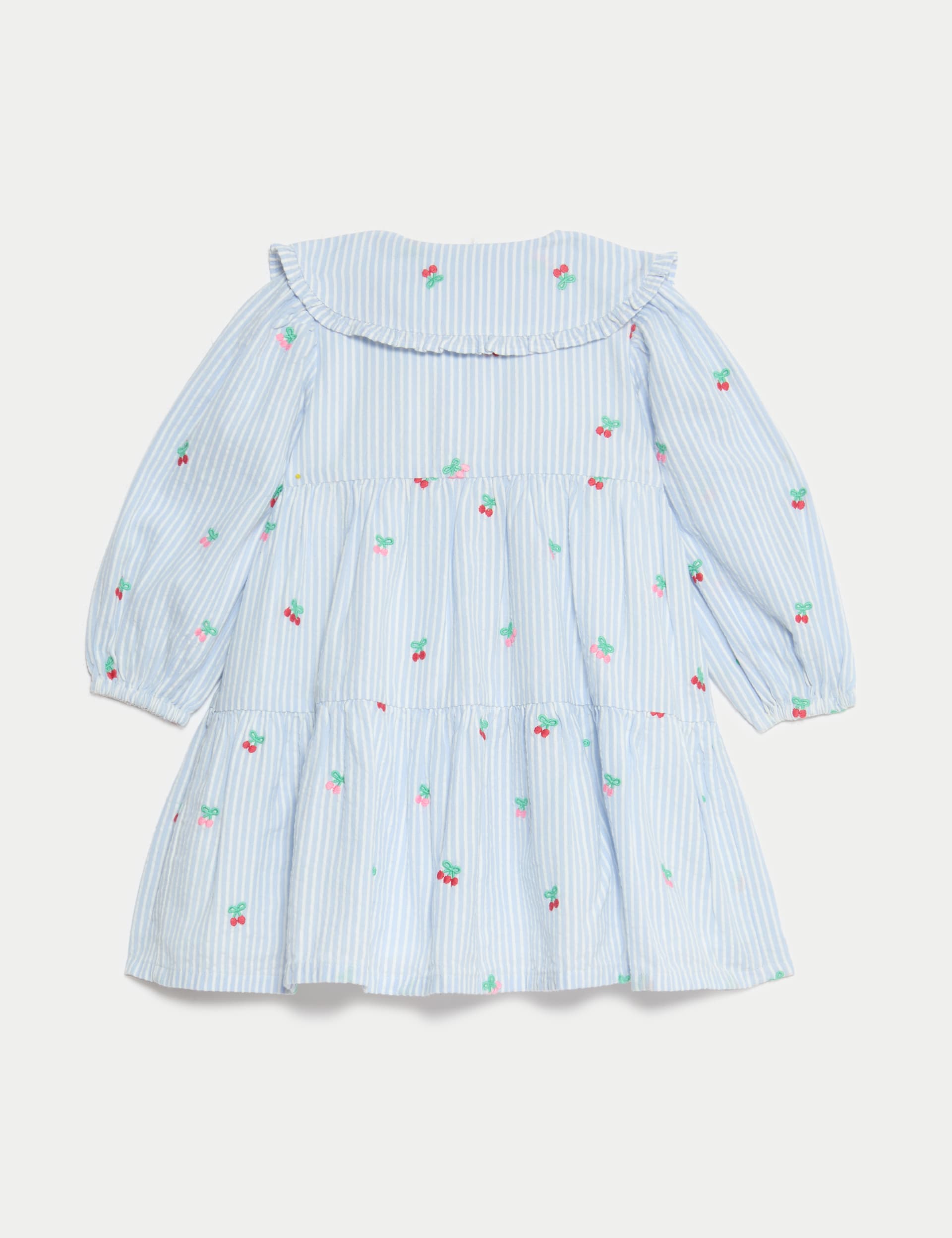 M&S Collection Girls Pure Cotton Striped Cherry Embroidery Dress (0-6 Yrs) - 0-3 M - Blue Mix, Blue 