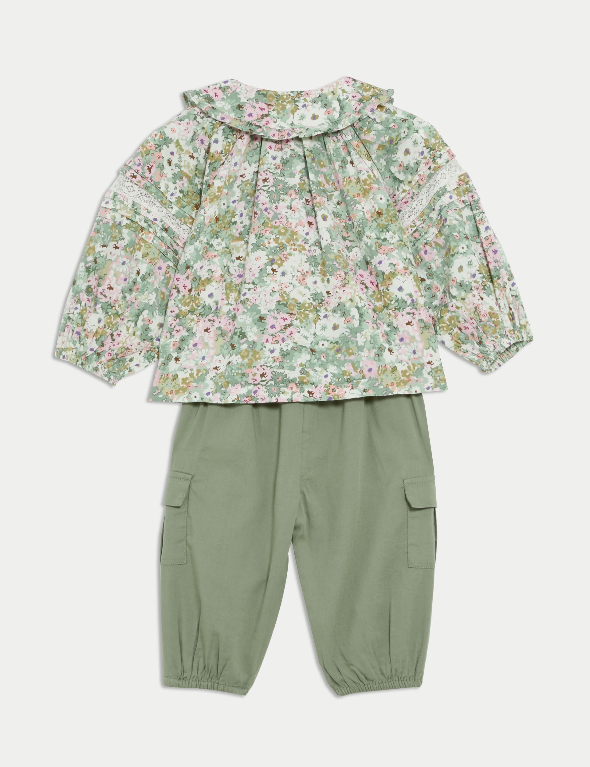 M&S Collection Girls 2pc Cotton Rich Ditsy Floral Outfit (0-3 Yrs) - 12-18 - Green Mix, Green Mix