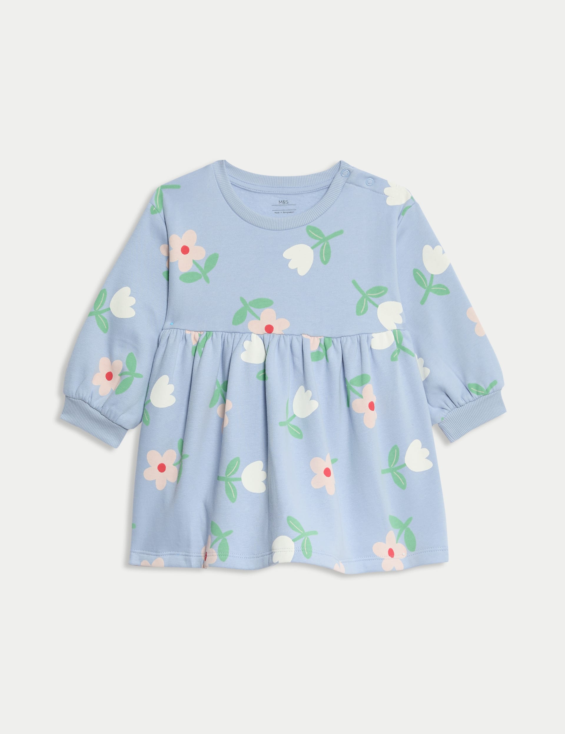 M&S Collection Girls Cotton Rich Floral Sweatshirt Dress (0-3 Yrs) - 3-6 M - Blue, Blue