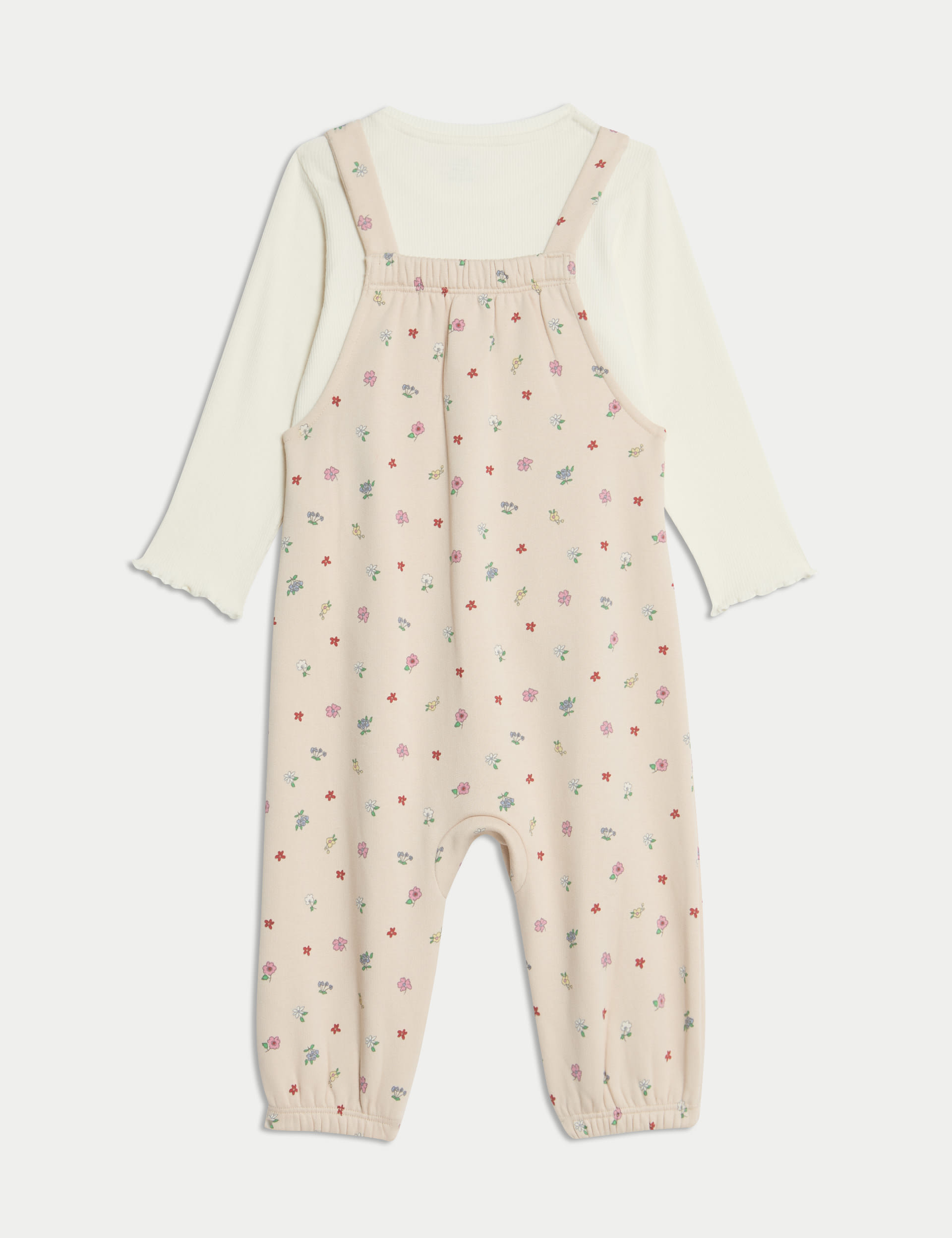 M&S Collection Girls 2pc Cotton Rich Jersey Ditsy Dungarees Outfit (0-3 Yrs) - 6-9 M - Cream Mix, Cr