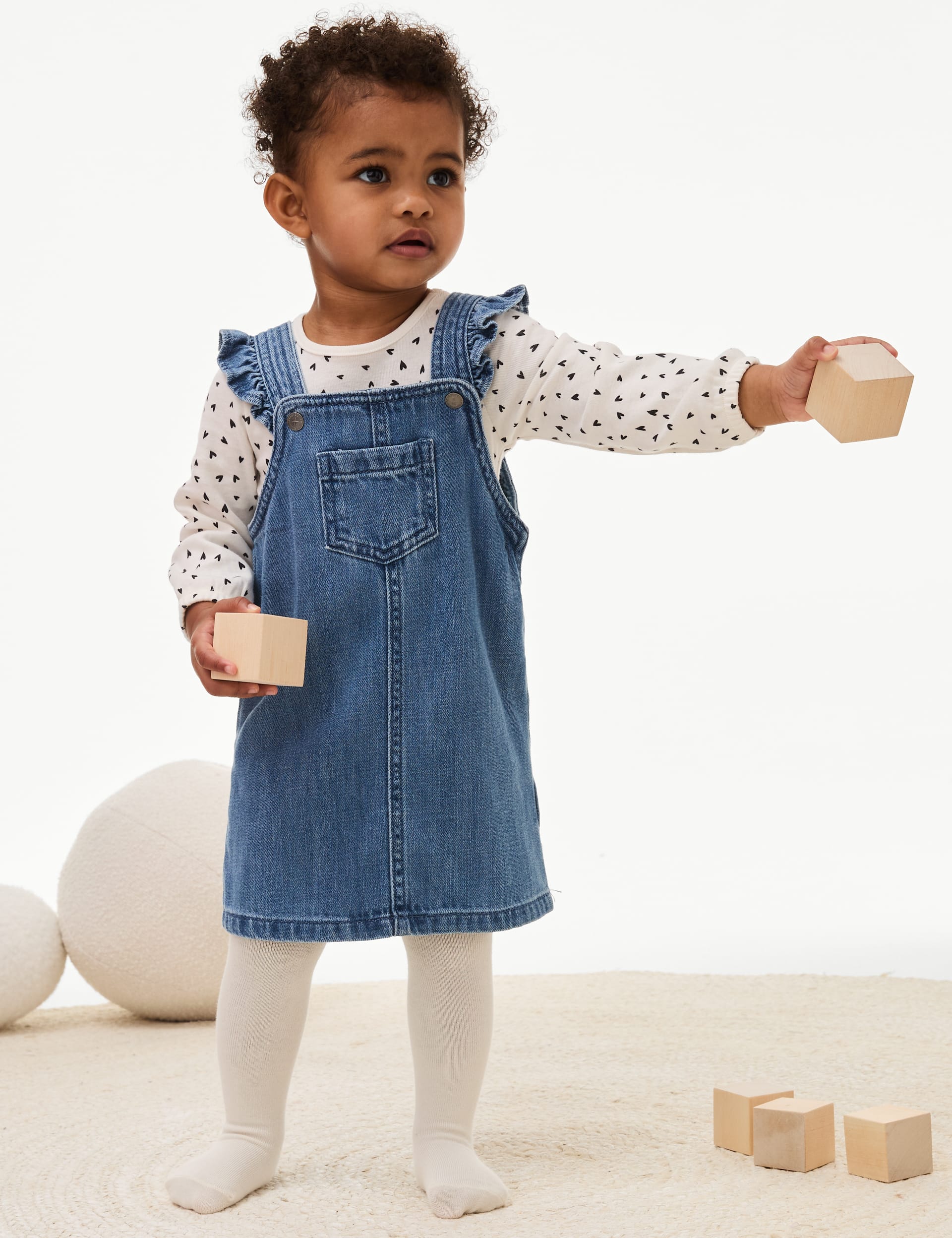 M&S Collection Girls 3pc Cotton Rich Denim Pinnie Outfit (0-3 Yrs) - 0-3 M - Blue Denim, Blue Denim