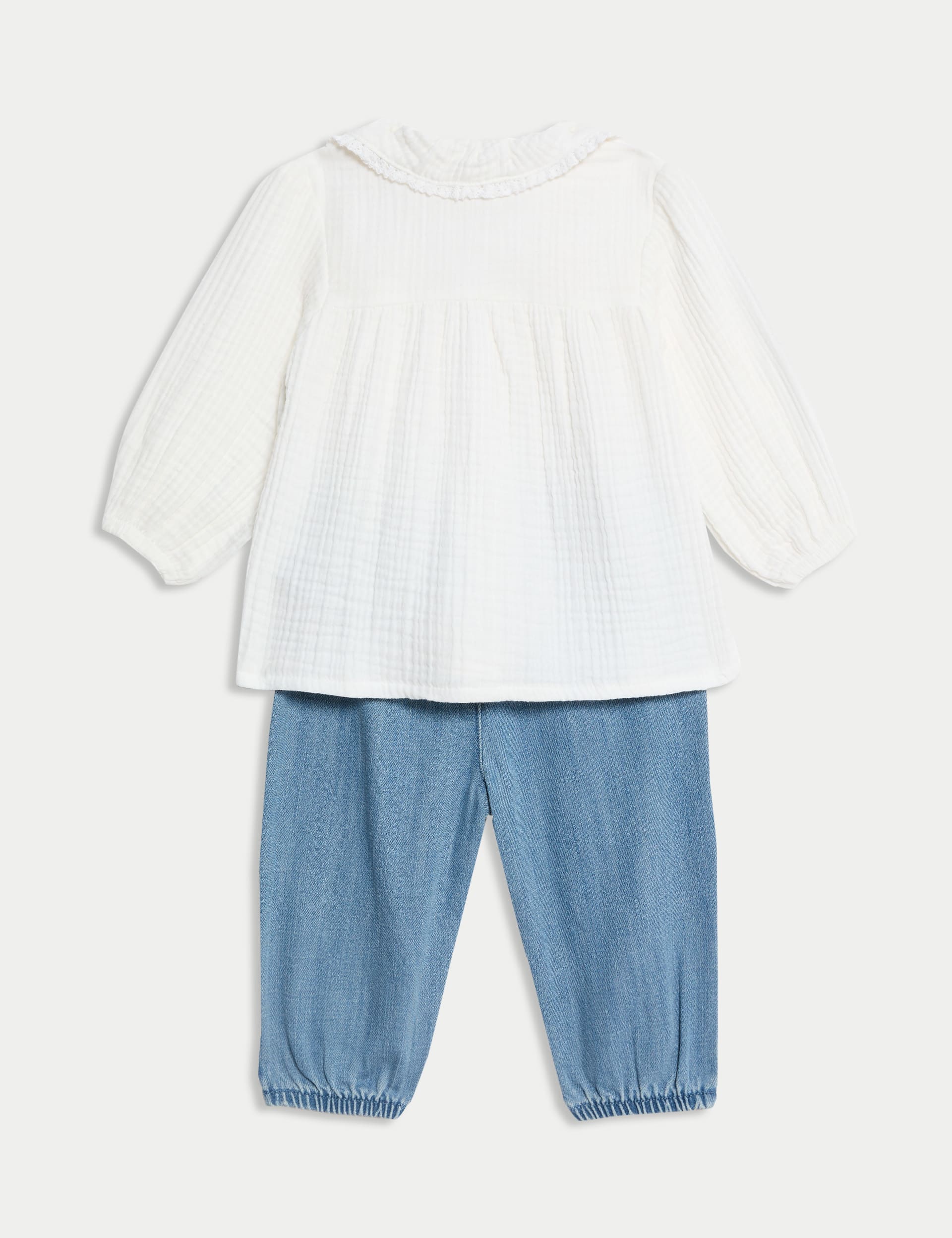 M&S Collection Girls 2pc Cotton Rich Top & Bottom Outfit (0-3 Yrs) - 12-18 - Ivory Mix, Ivory Mix