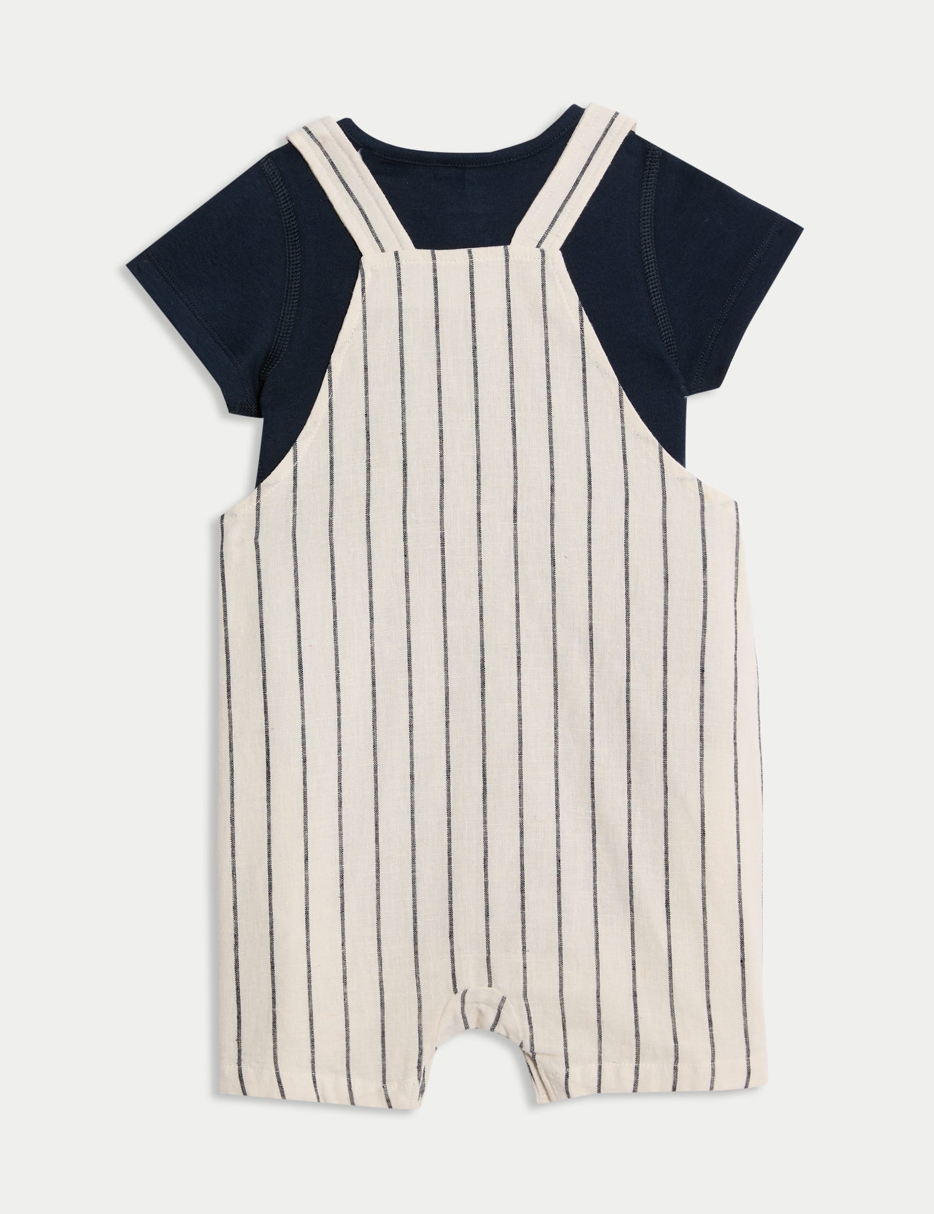 M&S Collection Boys 2pc Cotton Linen Striped Dungaree Outfit (0-3 Yrs) - 12-18 - Ivory Mix, Ivory Mi