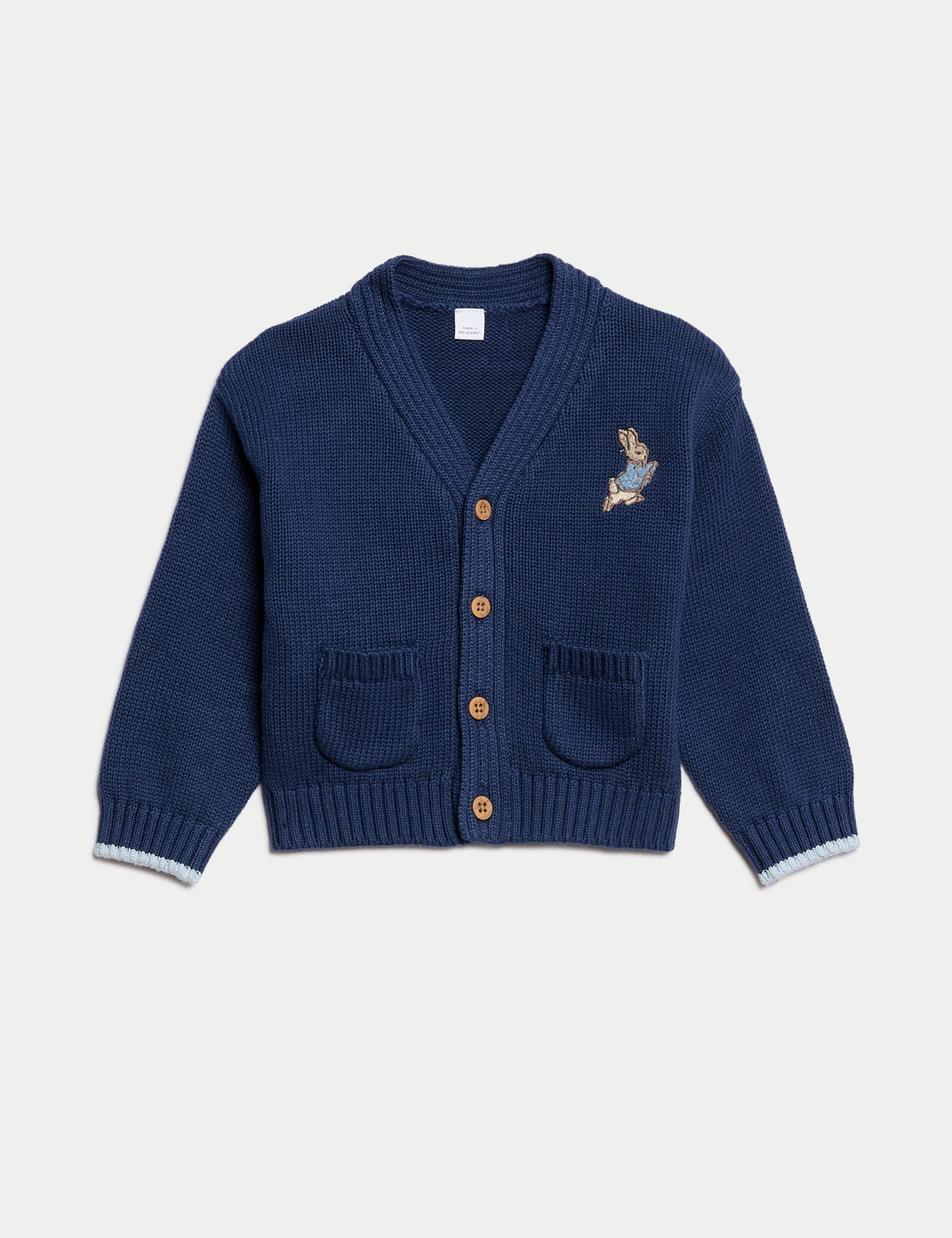 M&S Collection Boys Pure Cotton Peter Rabbit Cardigan (0 Mths-3 Yrs) - 3-6 M - Indigo Mix, Indigo M