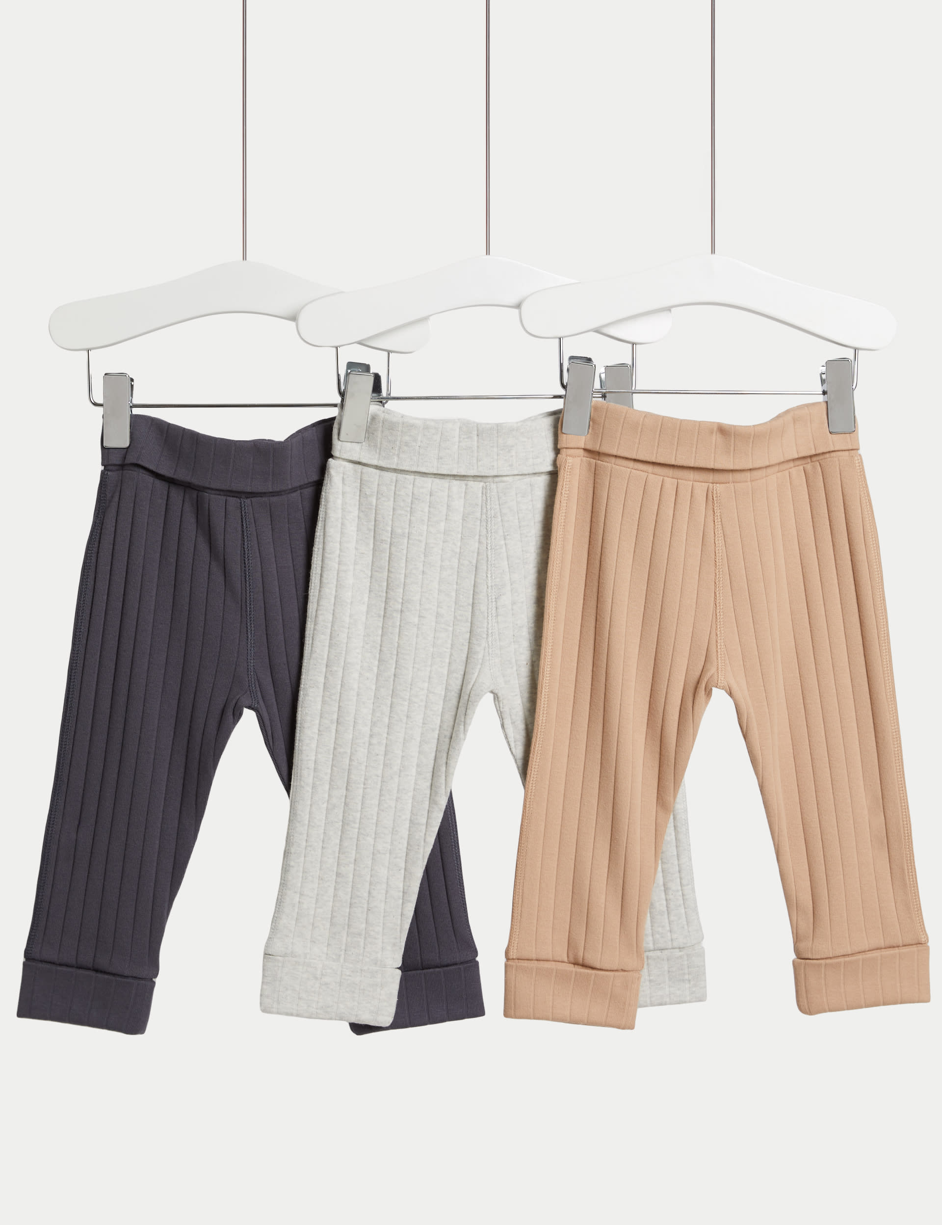 M&S Collection Boys 3pk Cotton Rich Ribbed Leggings (0-3 Yrs) - 12-18 - Neutral, Neutral