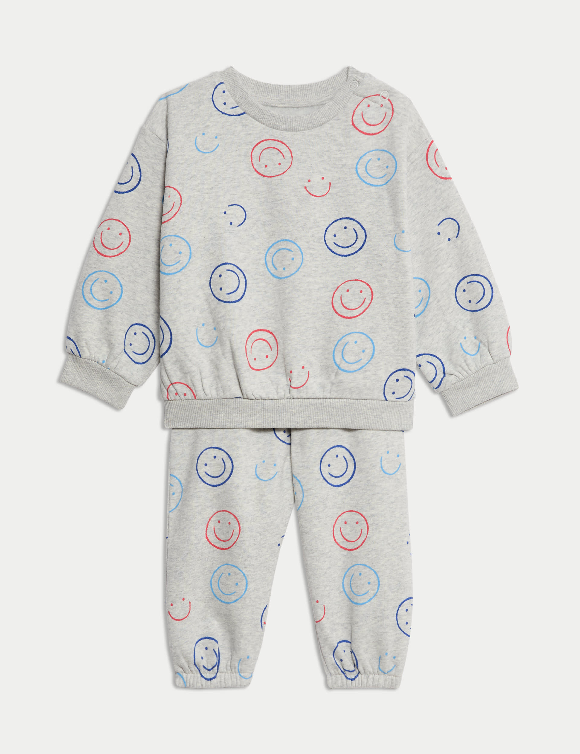 M&S Collection Boys Cotton Rich Smiley Top & Bottom Outfit (0-3 Yrs) - 12-18 - Grey Marl, Grey Marl