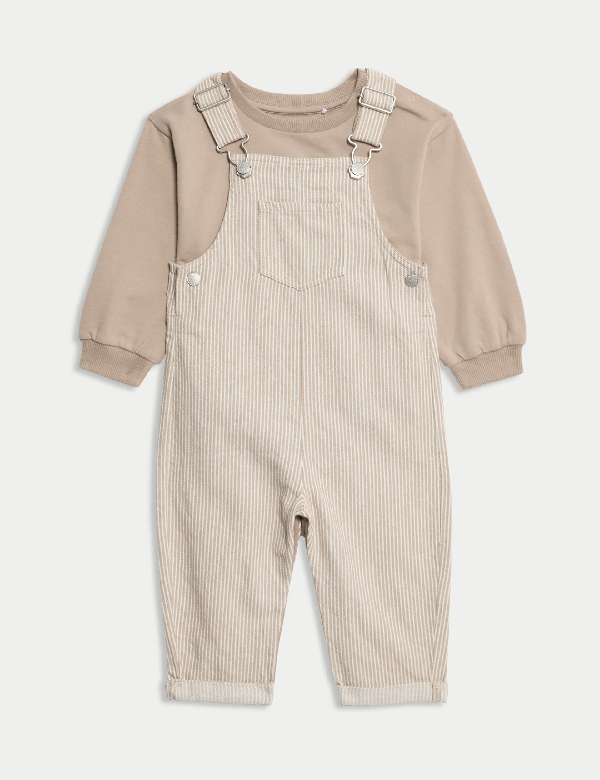 M&S Collection Boys 2pc Cotton Rich Striped Dungaree Outfit (0 Mths-3 Yrs) - 3-6 M - Neutral, Neutra