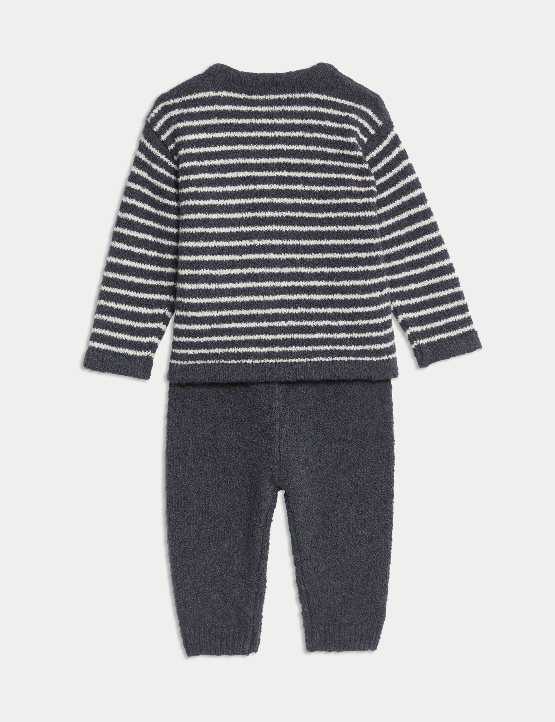 M&S Collection Boys 2pc Cotton RIch Striped Boucl Knitted Outfit (0-3 Yrs) - 3-6 M - Charcoal Mix, 