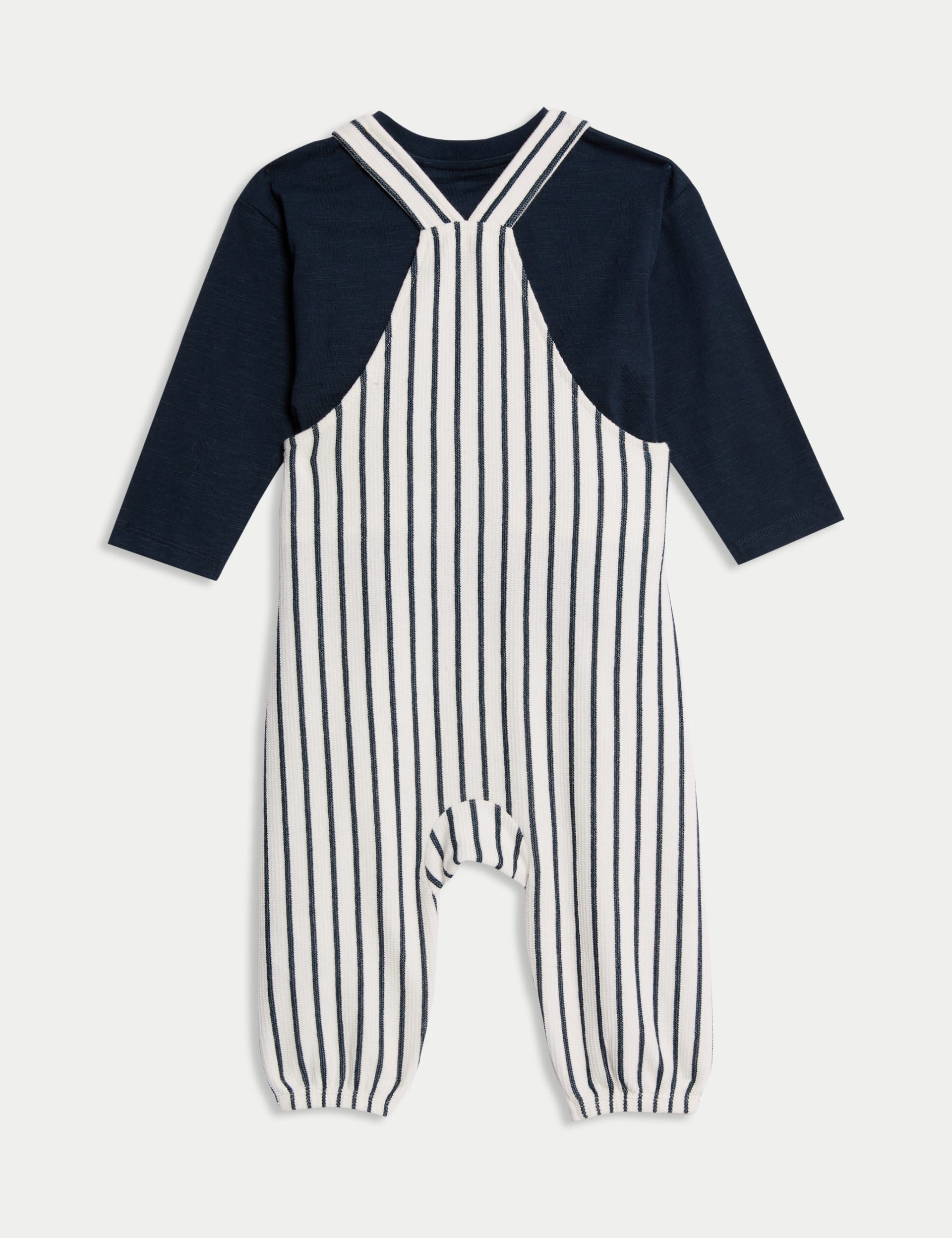 M&S Collection Boys 2pc Cotton Rich Striped Dungaree Outfit (0-3 Yrs) - 12-18 - Navy Mix, Navy Mix