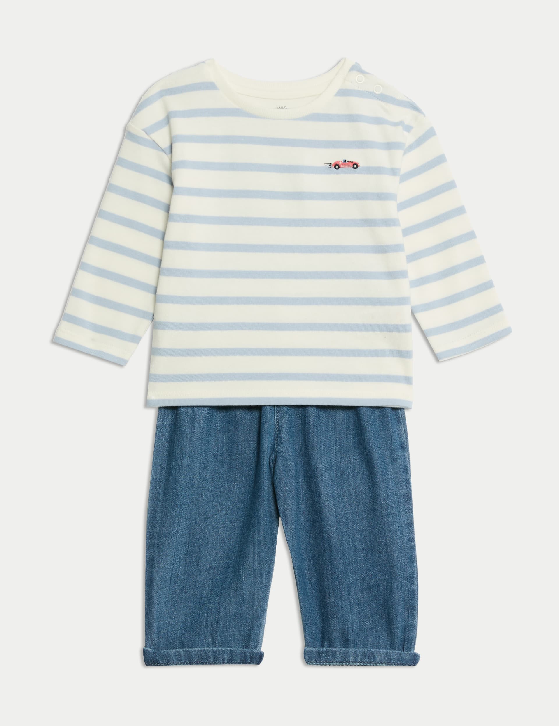 M&S Collection Boys 2pc Striped Top & Bottom Outfit (0-6 Yrs) - 12-18 - Blue Mix, Blue Mix