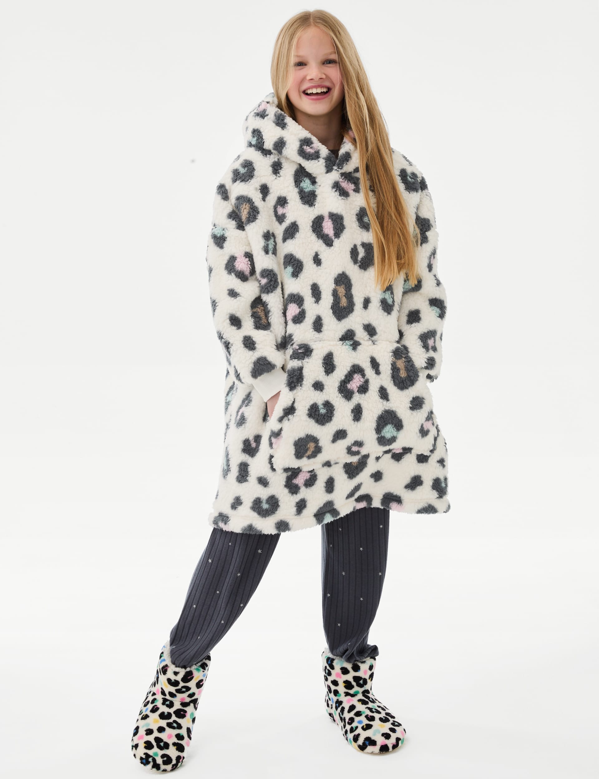 M&S Collection Girls Leopard Print Borg Oversized Hoodie (3-16 Yrs) - 5-6 Y - Neutral, Neutral