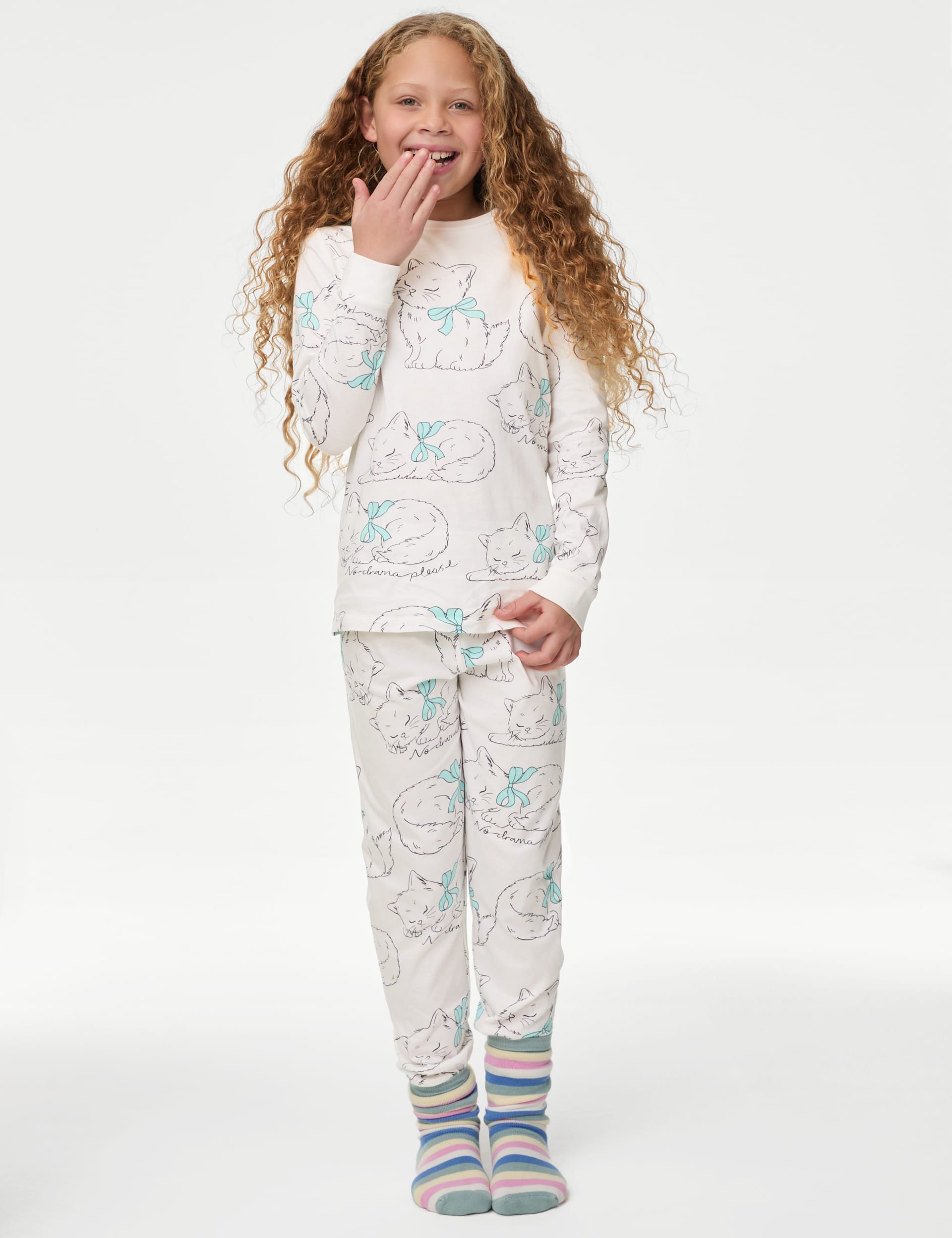 M&S Collection Girls Pure Cotton Cat Print Pyjamas (1-14 Yrs) - 7-8 Y - Ivory Mix, Ivory Mix