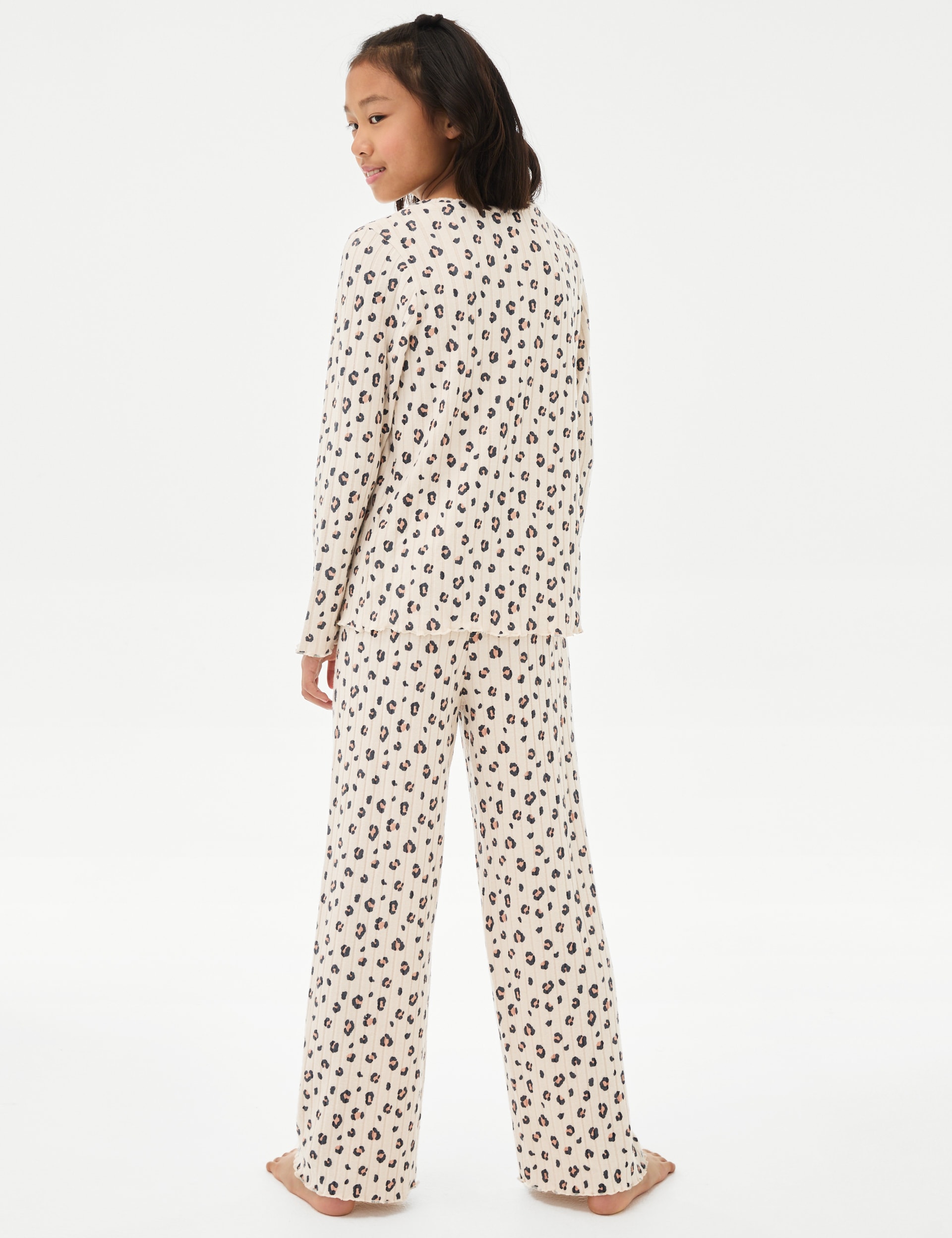 M&S Collection Girls Leopard Print Cosy Ribbed Pyjamas (1-16 Yrs) - 7-8 Y - Multi, Multi